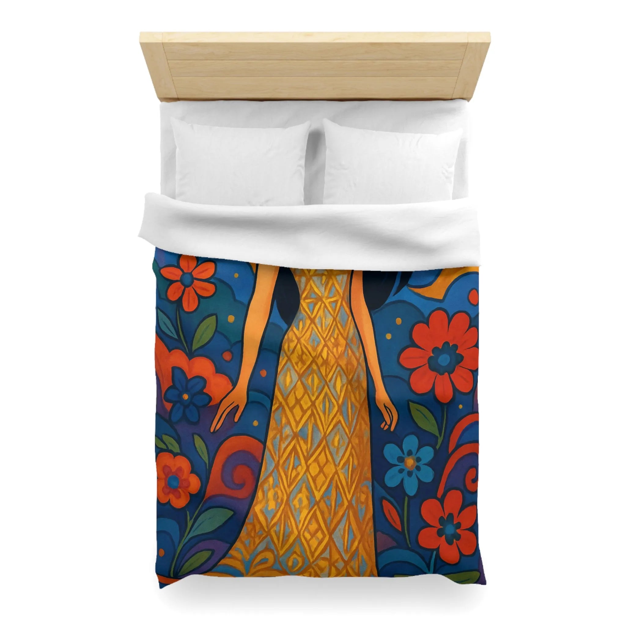 Housse de couette artistique avec motif floral vibrant et silhouette élégante féminine