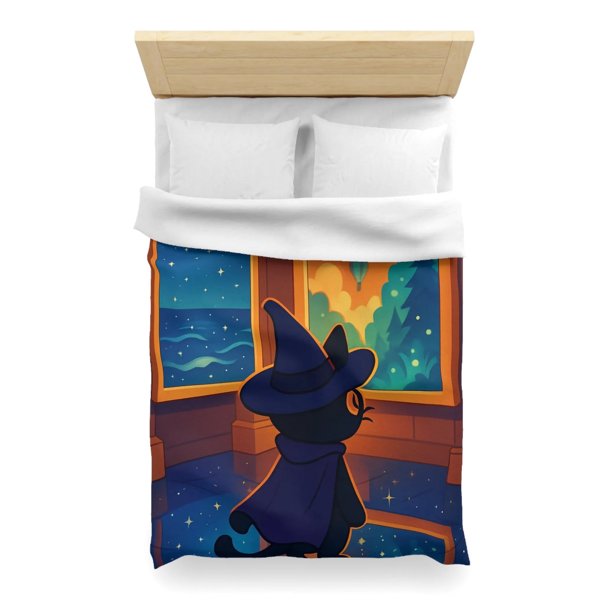 Housse de couette ambiance nocturne avec chat sorcier et paysages enchanteurs colorés