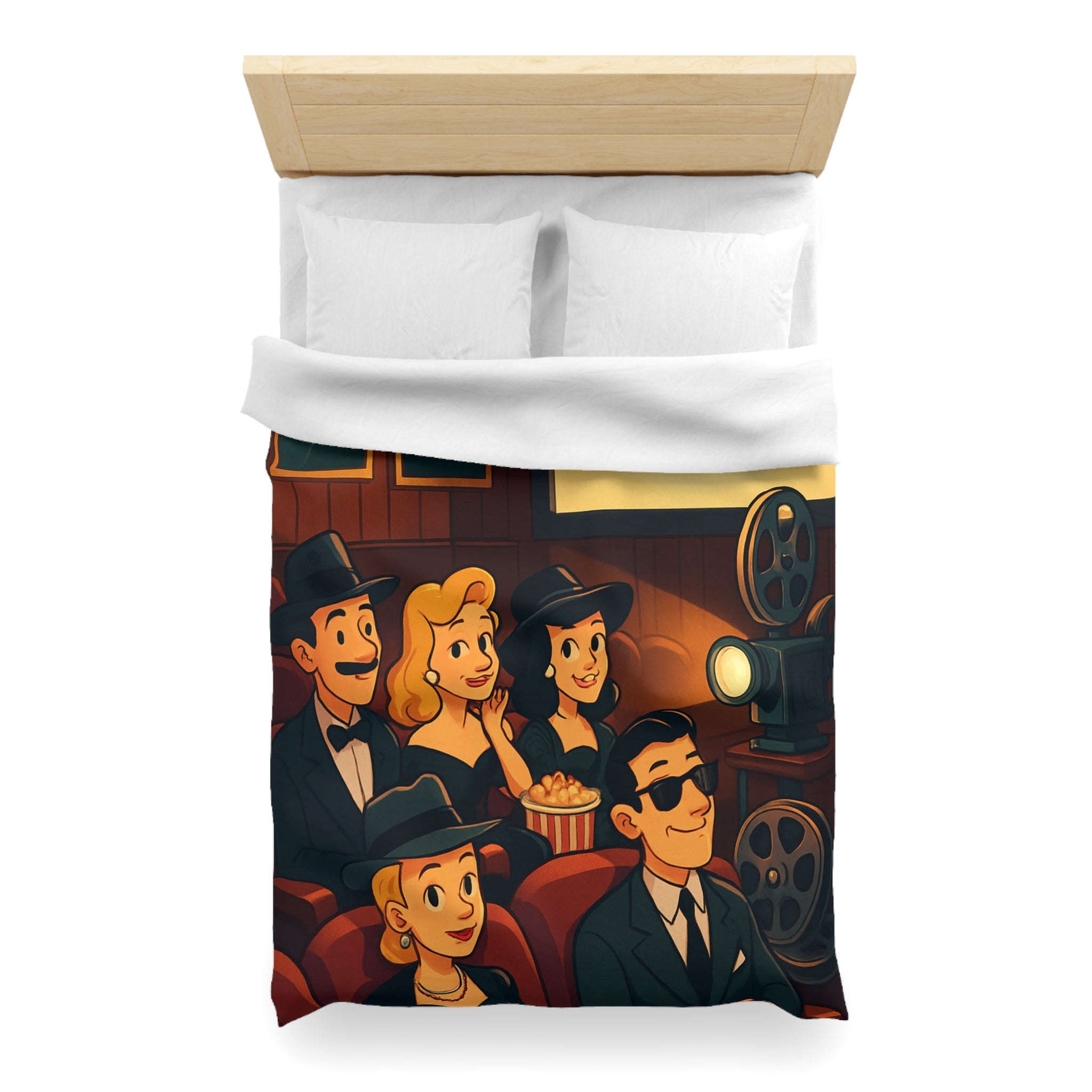 Housse de Couette Rétro Cinéma avec Scène de Spectateurs Élégants et Projecteur