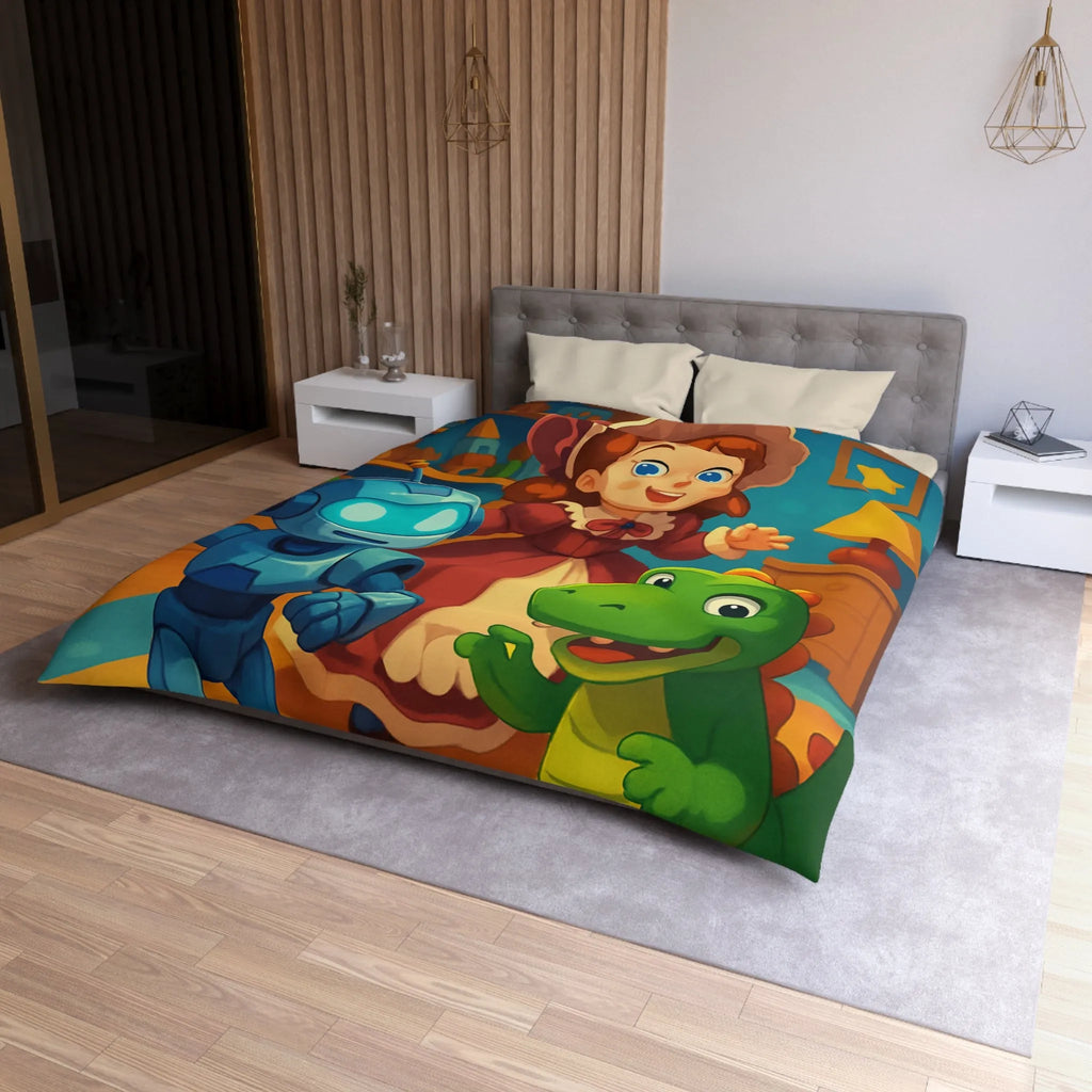 Housse de couette colorée avec robot, dinosaure et poupée en chambre enfantine