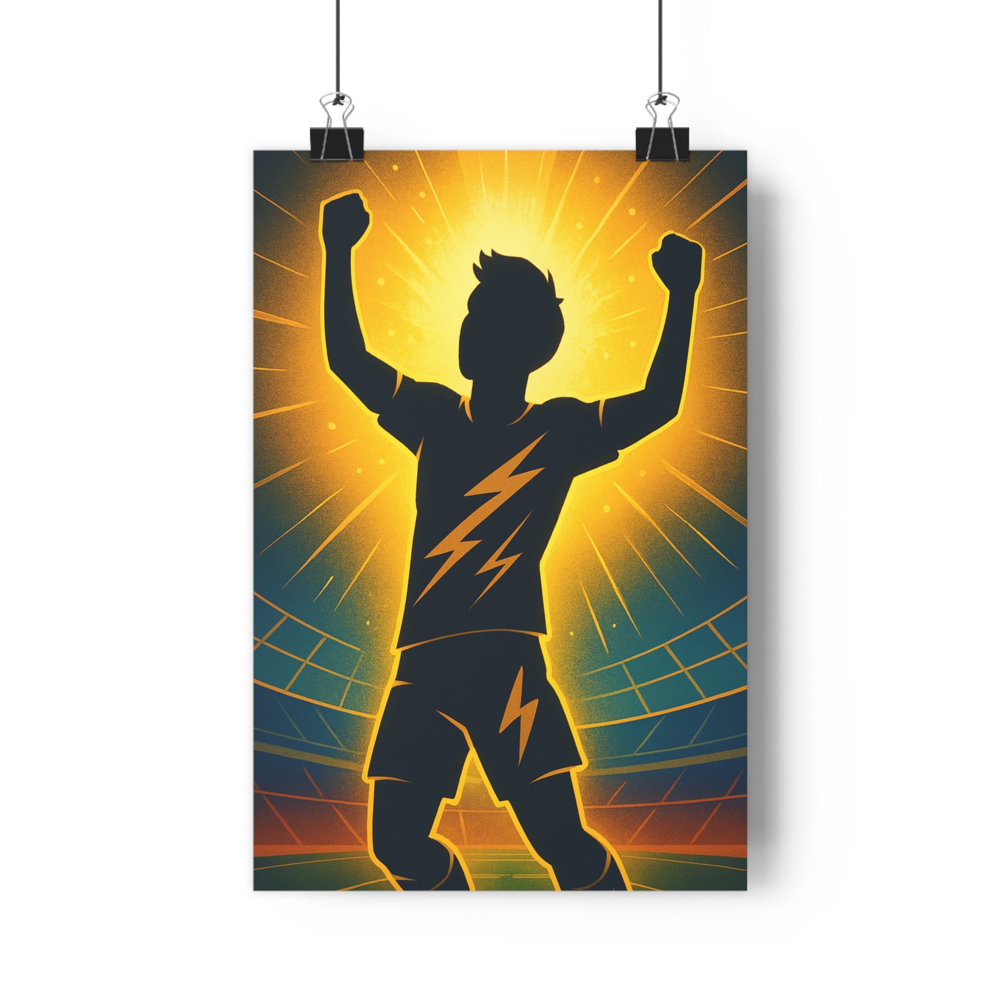 Poster décoratif minimaliste jaune bleu dynamique énergique chambre enfant sport silhouette vibrant graphique football