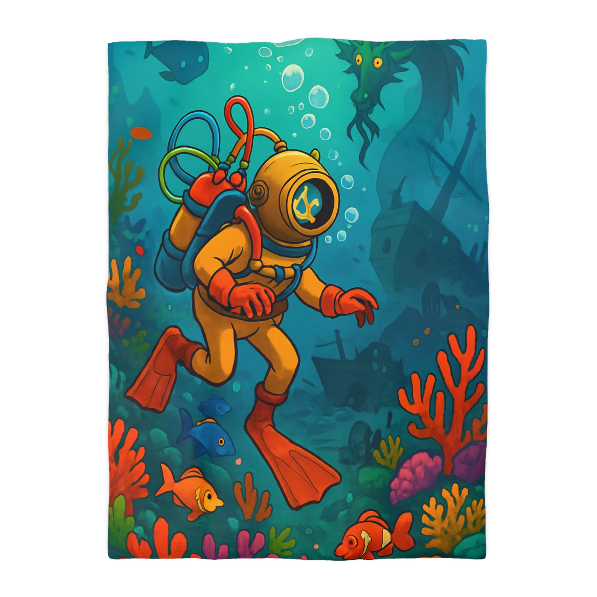 Housse de couette motif plongeur rétro dans un monde sous-marin coloré et mystérieux