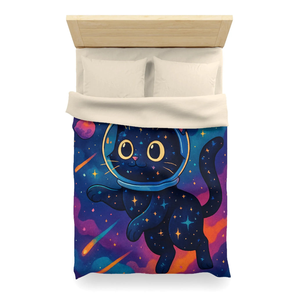 Housse de couette chat cosmique dans l’espace avec étoiles et planètes colorées