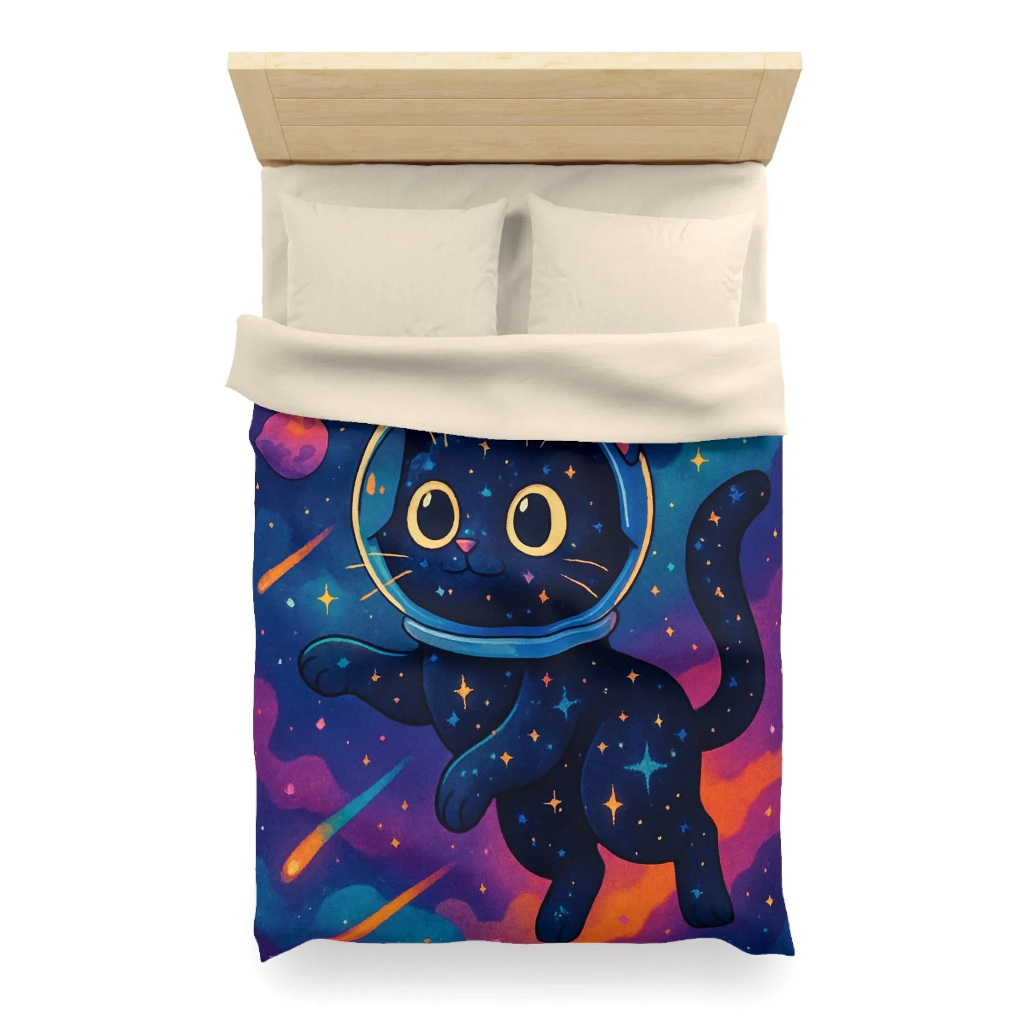 Housse de couette chat cosmique dans l’espace avec étoiles et planètes colorées