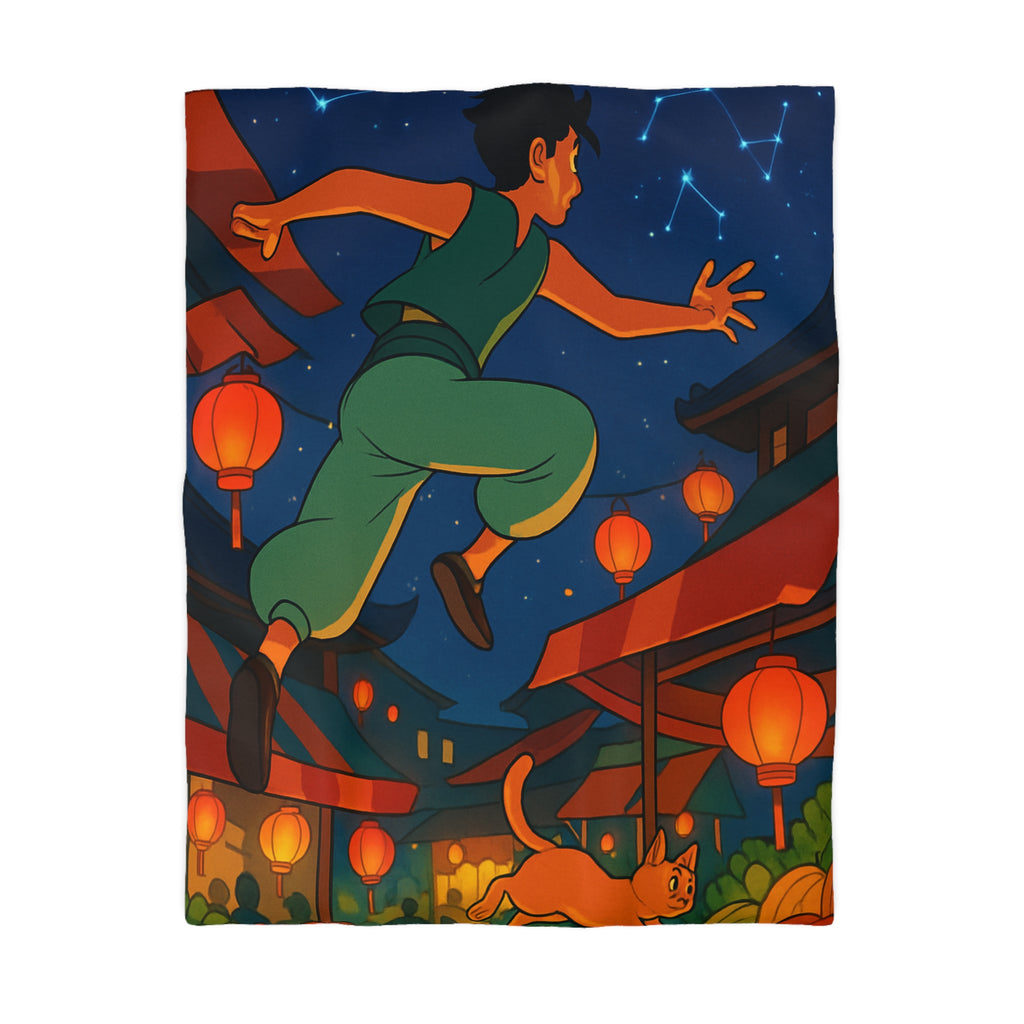 Housse de couette vibrante inspirée d'une scène de marché asiatique nocturne étoilé