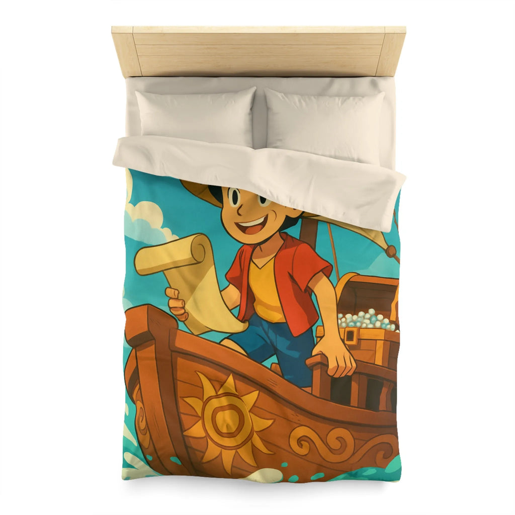 Douce housse de couette enfant motif pirate joyeux en bateau sur vagues bleues