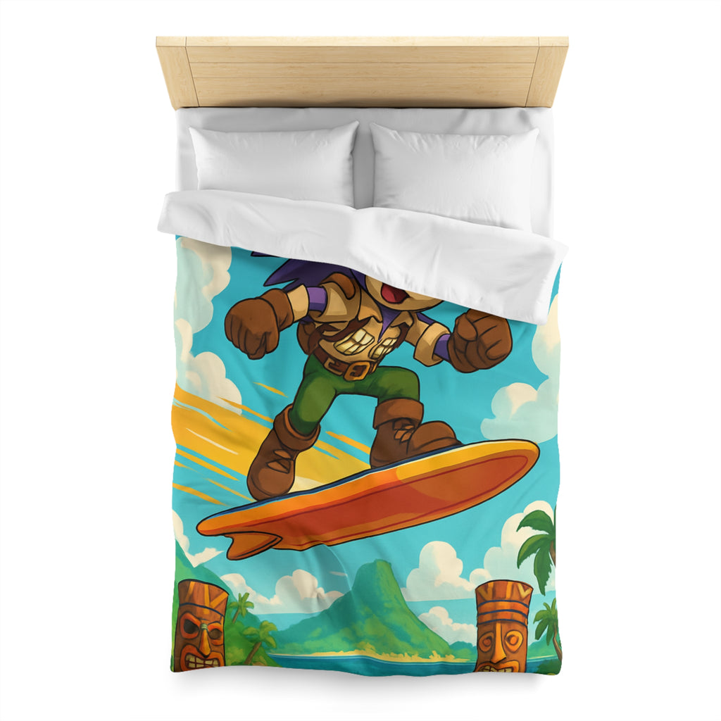Housse de couette vibrante avec héros aventureux sur plage tropicale paradisiaque
