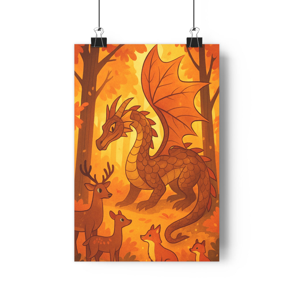 Poster décoratif dragon forêt automnale orange brun cartoon magique chambre bureau ambiance nature 30x46