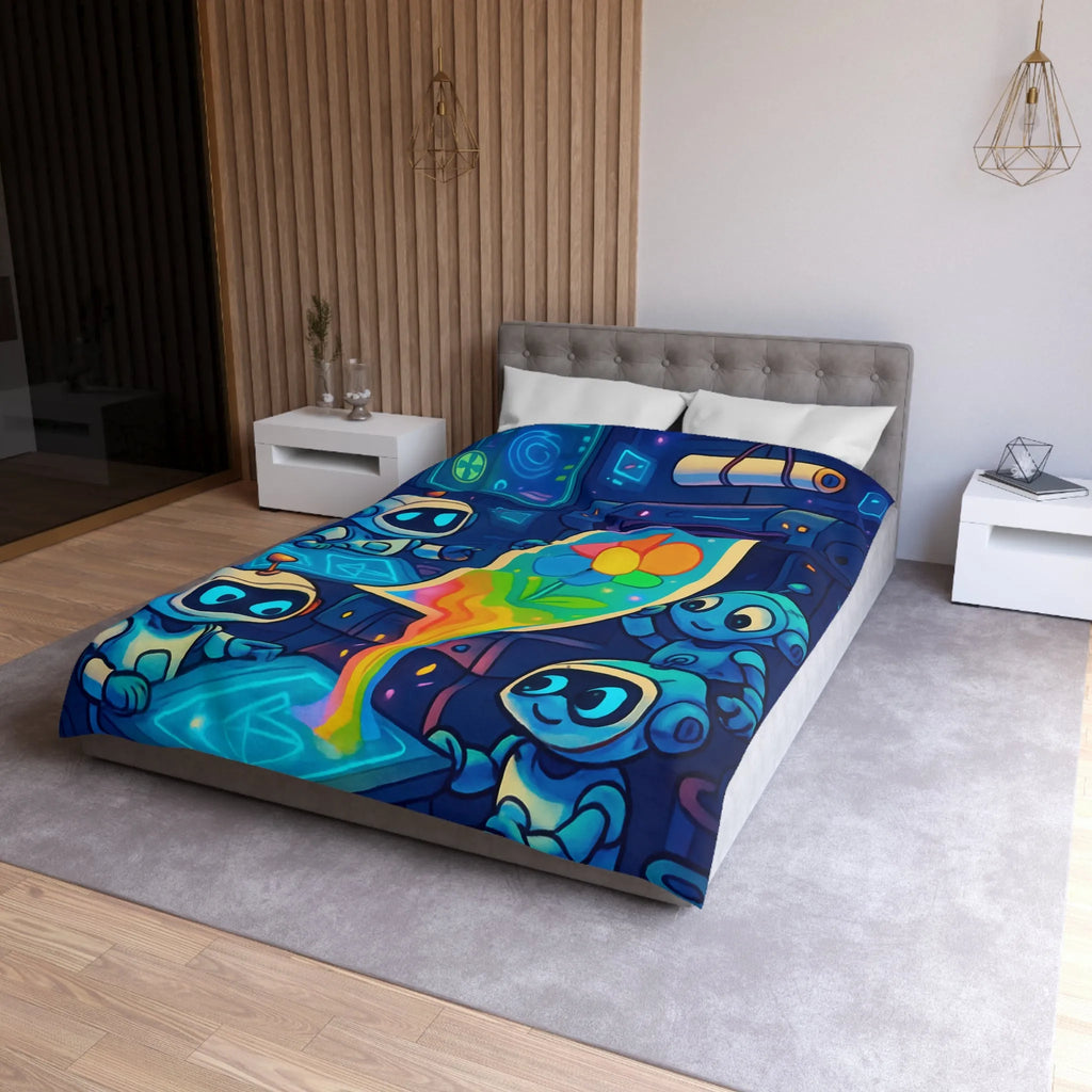 Drôles de robots imprimant une fleur colorée dans un atelier futuriste lumineux