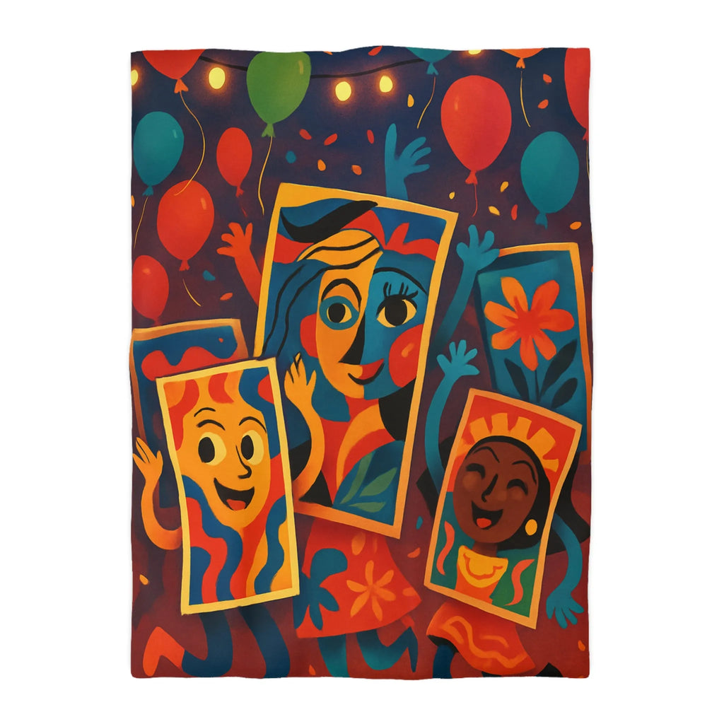 Housse de couette colorée comics avec motifs de fête et personnages joyeux