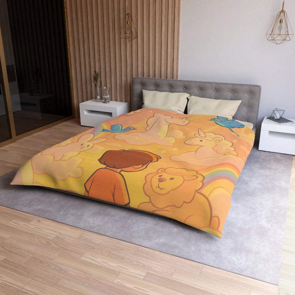 Housse de Couette Enfantine avec Licornes, Lapins et Oiseaux dans les Nuages Pastels