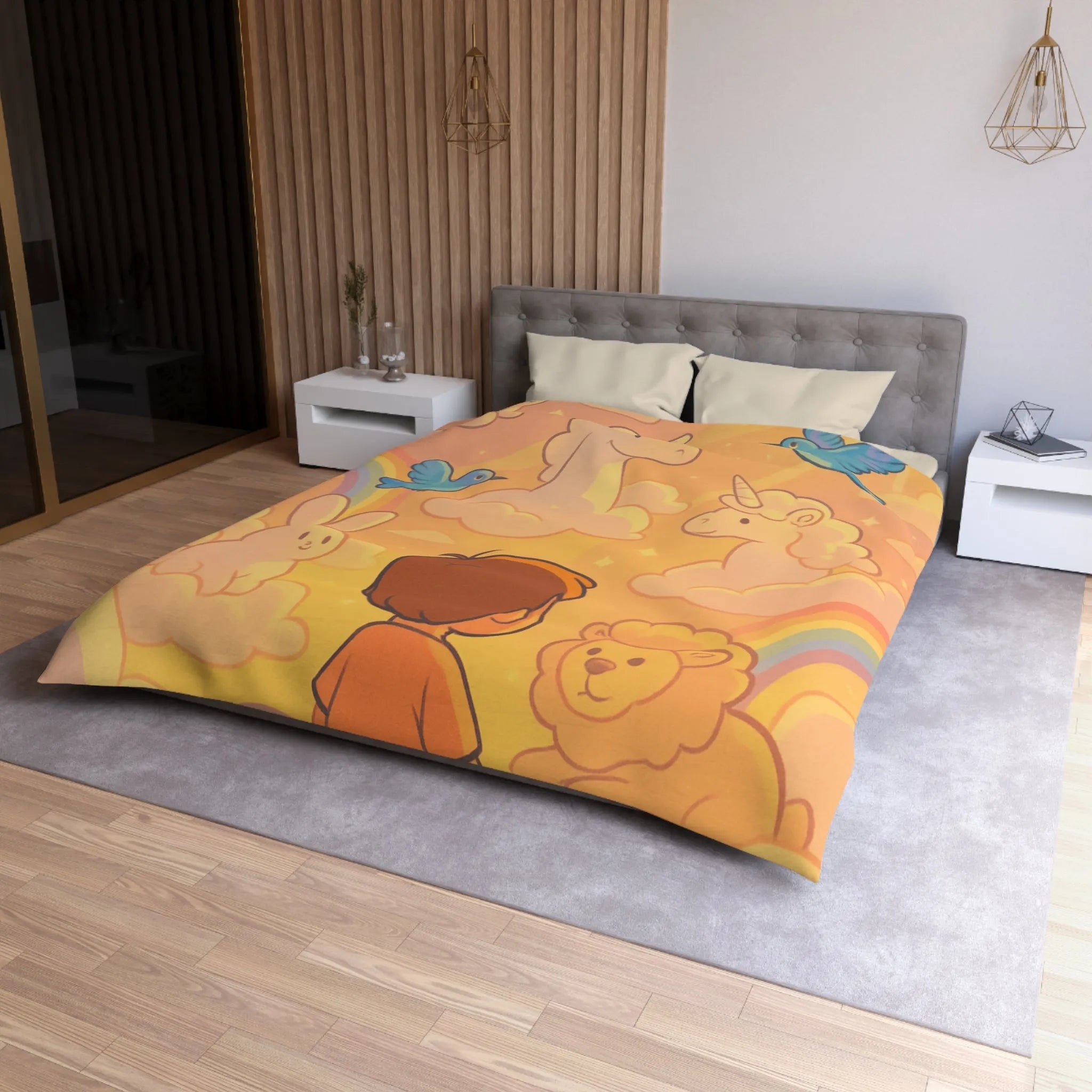 Housse de Couette Enfantine avec Licornes, Lapins et Oiseaux dans les Nuages Pastels