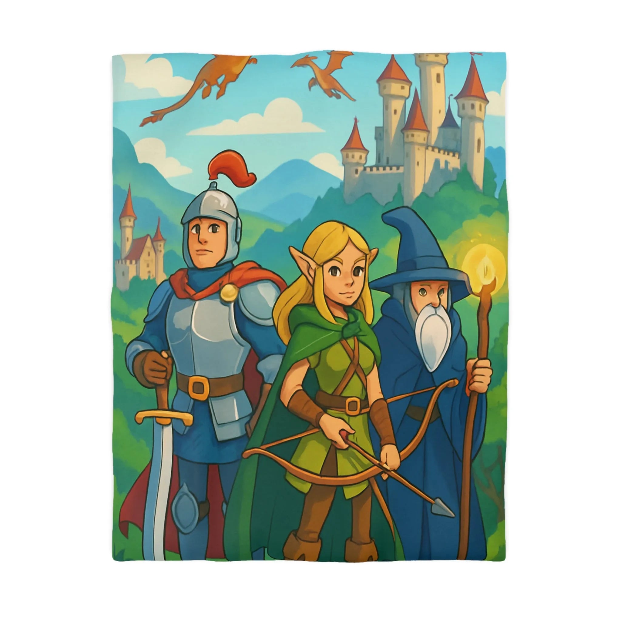 Housse de Couette Fantasy avec Chevalier, Archer Elf, Magicien, Château et Dragons