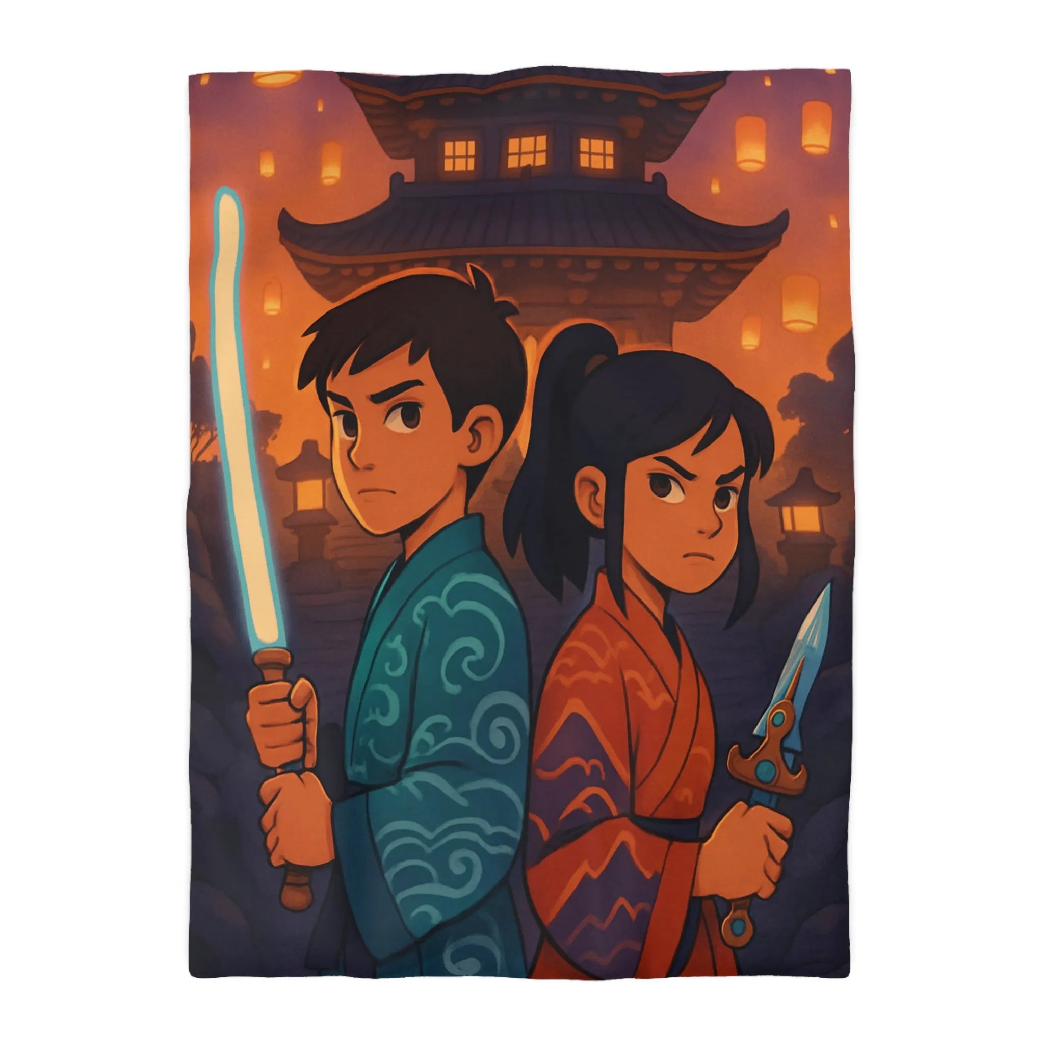 Housse de couette avec enfants guerriers, lanterne céleste, temple ancien, ambiance mystique