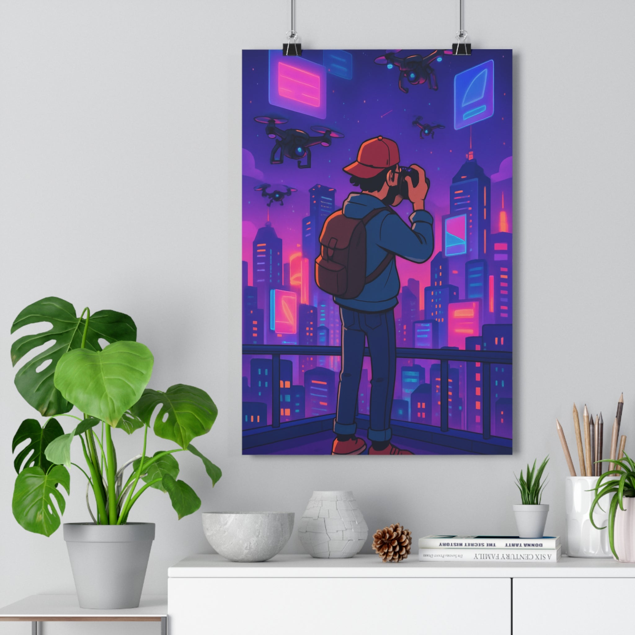 Poster décoratif cyberpunk néon rose bleu violet moderne salon bureau métropole futuriste vibrant 30x46