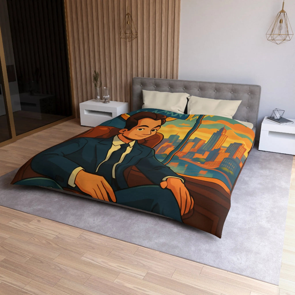 Élégante housse de couette avec homme d'affaires et horizon urbain stylisé en coucher de soleil