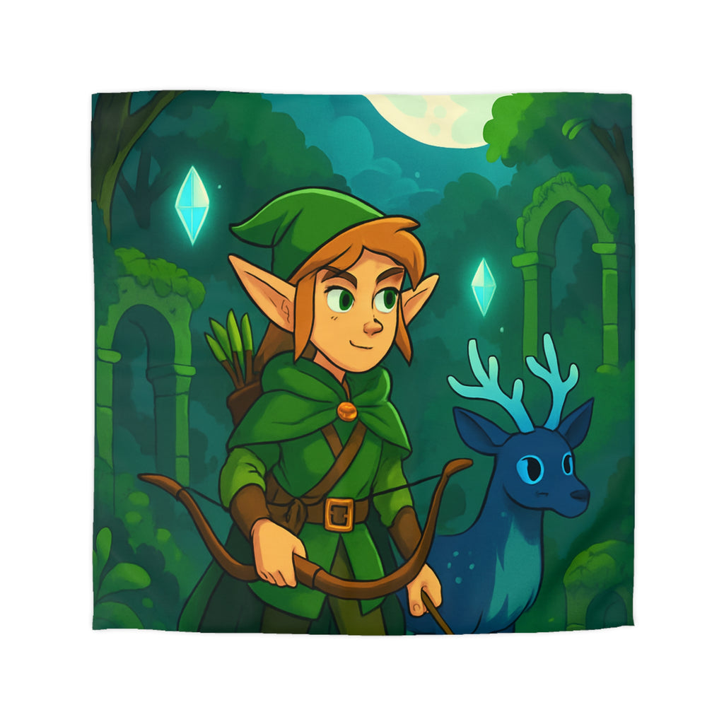 Magique forêt enchantée avec cerf bleu et archer sous pleine lune lumineuse