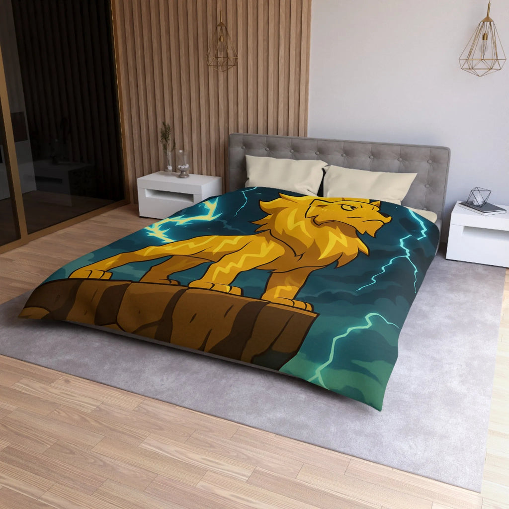 Housse de couette lion éclair lumineux, style animé, ambiance puissante, couleurs vibrantes