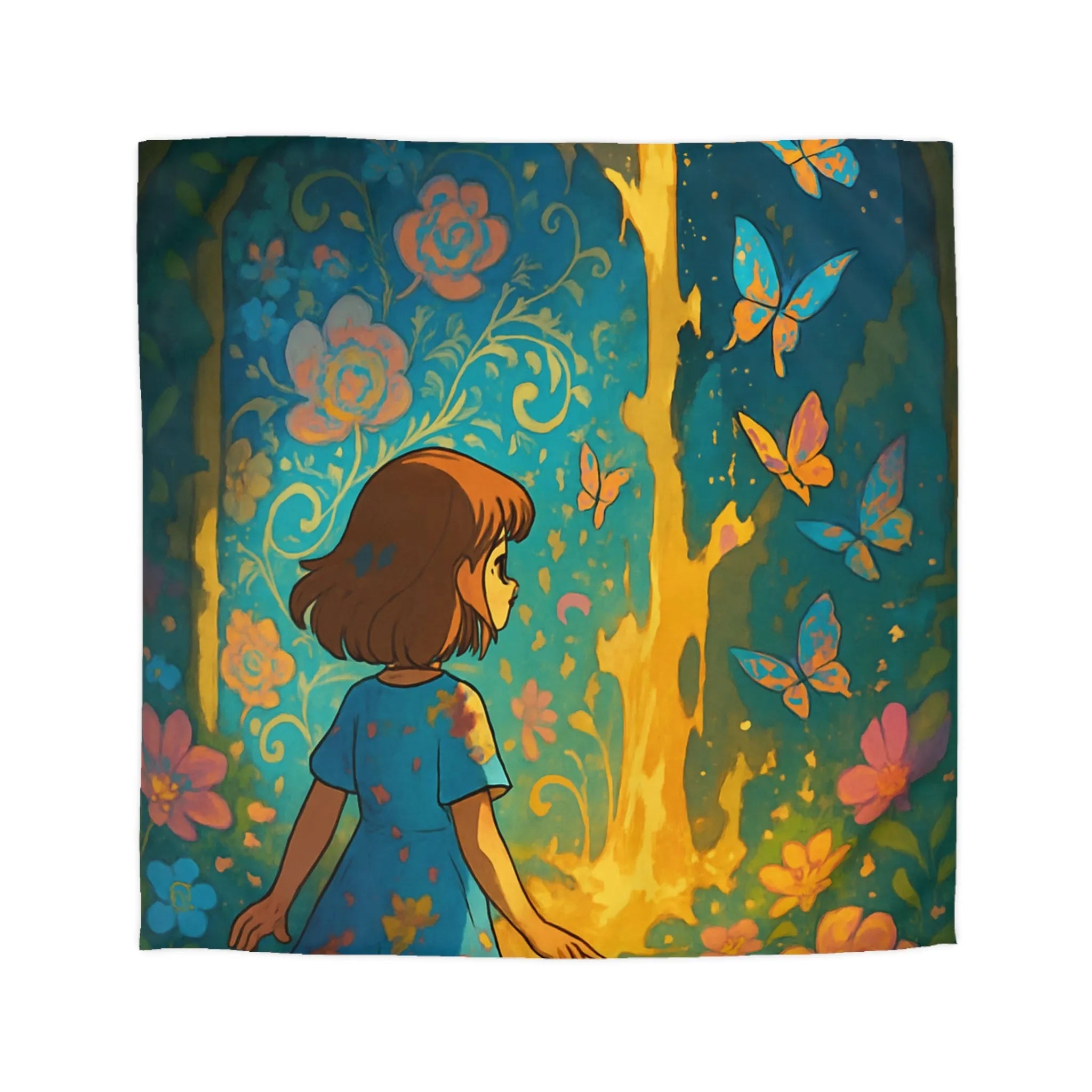 Housse de Couette Enfantine Féerique avec Papillons et Fleurs, Tons Vifs et Lumineux