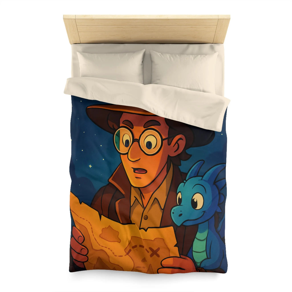 Aventure nocturne avec explorateur et dragon bleu sous planètes mystiques sur fond étoilé