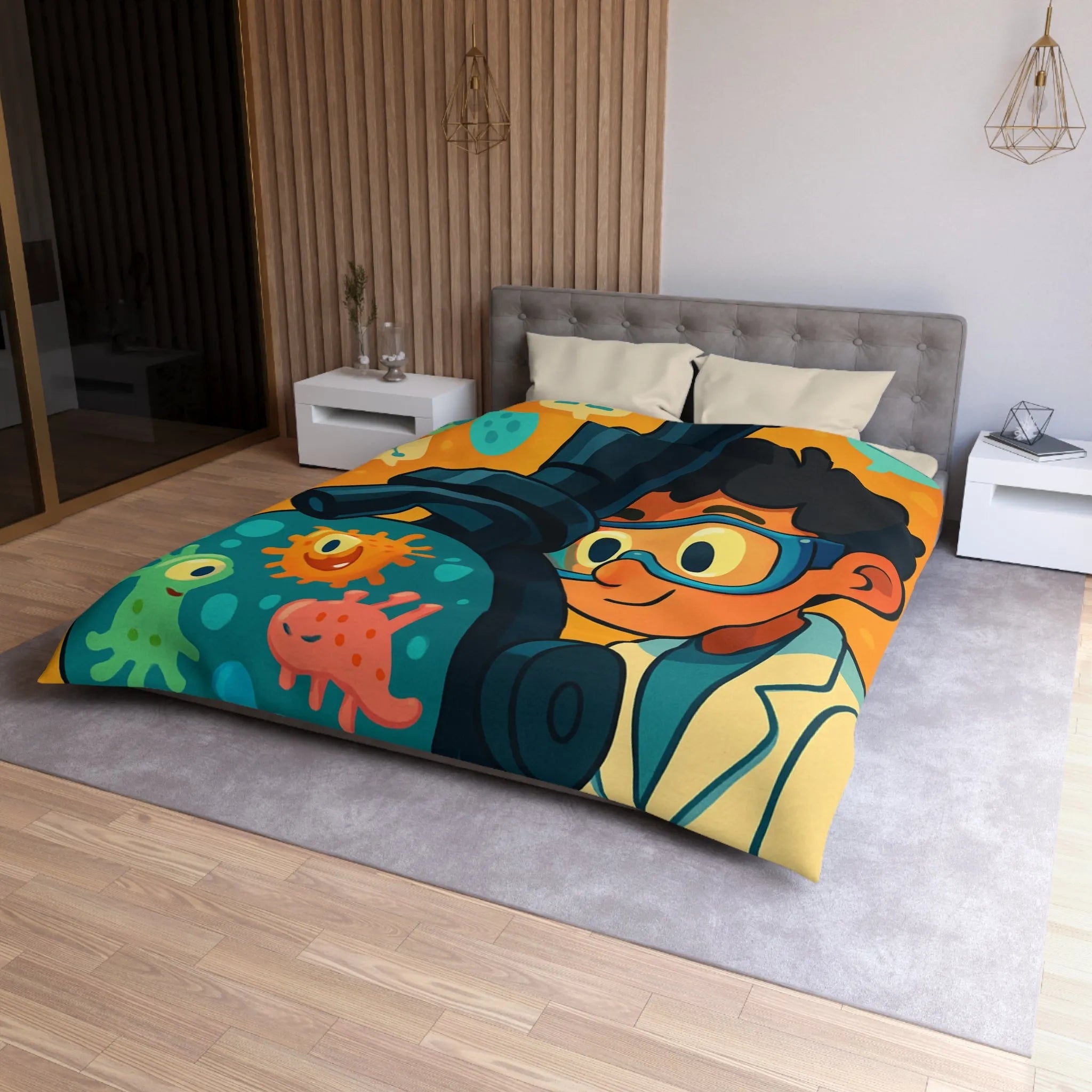 Housse de couette colorée avec jeunes scientifiques et microscope amusant pour enfants