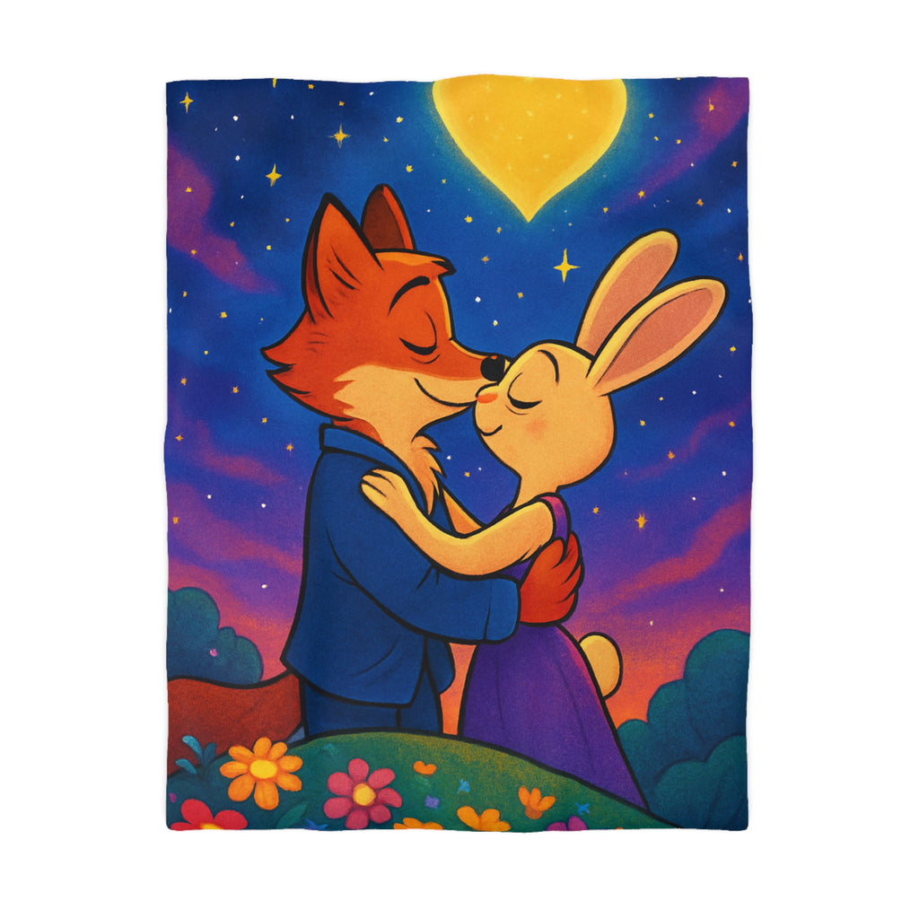 Housse de couette avec renard et lapin amoureux sous ciel étoilé romantique