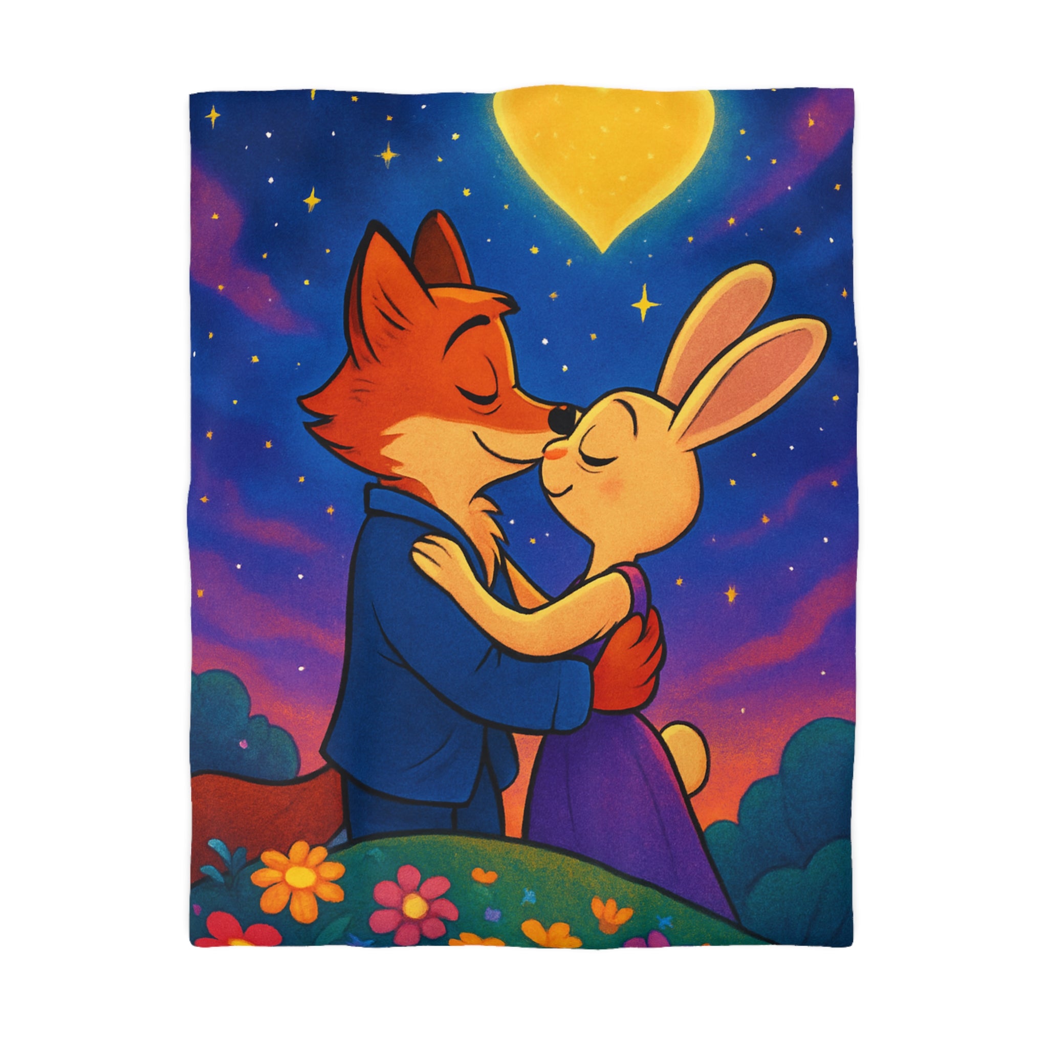 Housse de couette avec renard et lapin amoureux sous ciel étoilé romantique