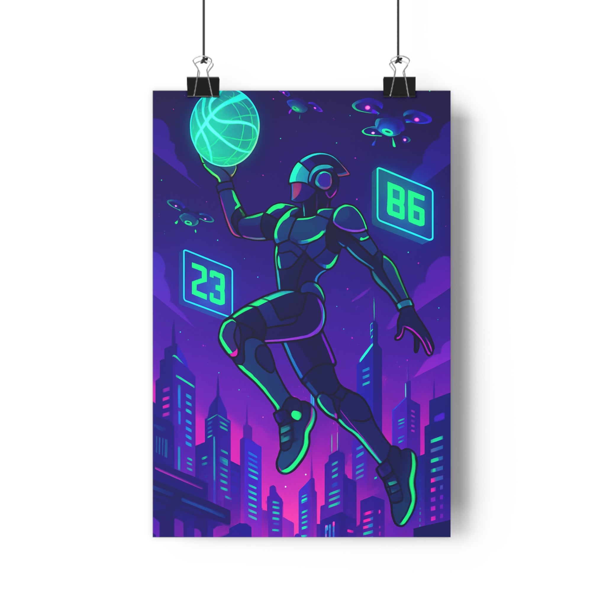 Poster décoratif basket futuriste violet vert cartoon moderne dynamique chambre ambiance sportive unique innovant