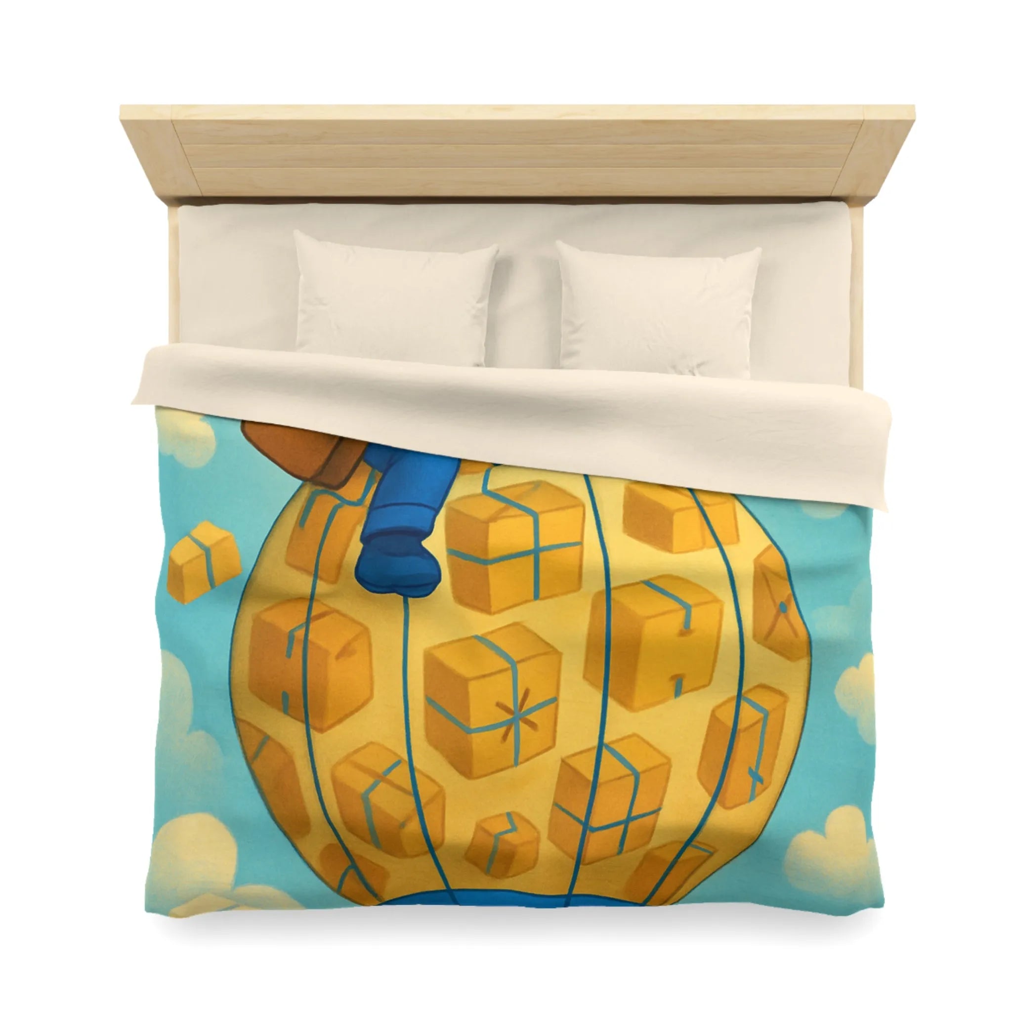 Housse de couette colorée avec montgolfière et livreur volant dans le ciel animés