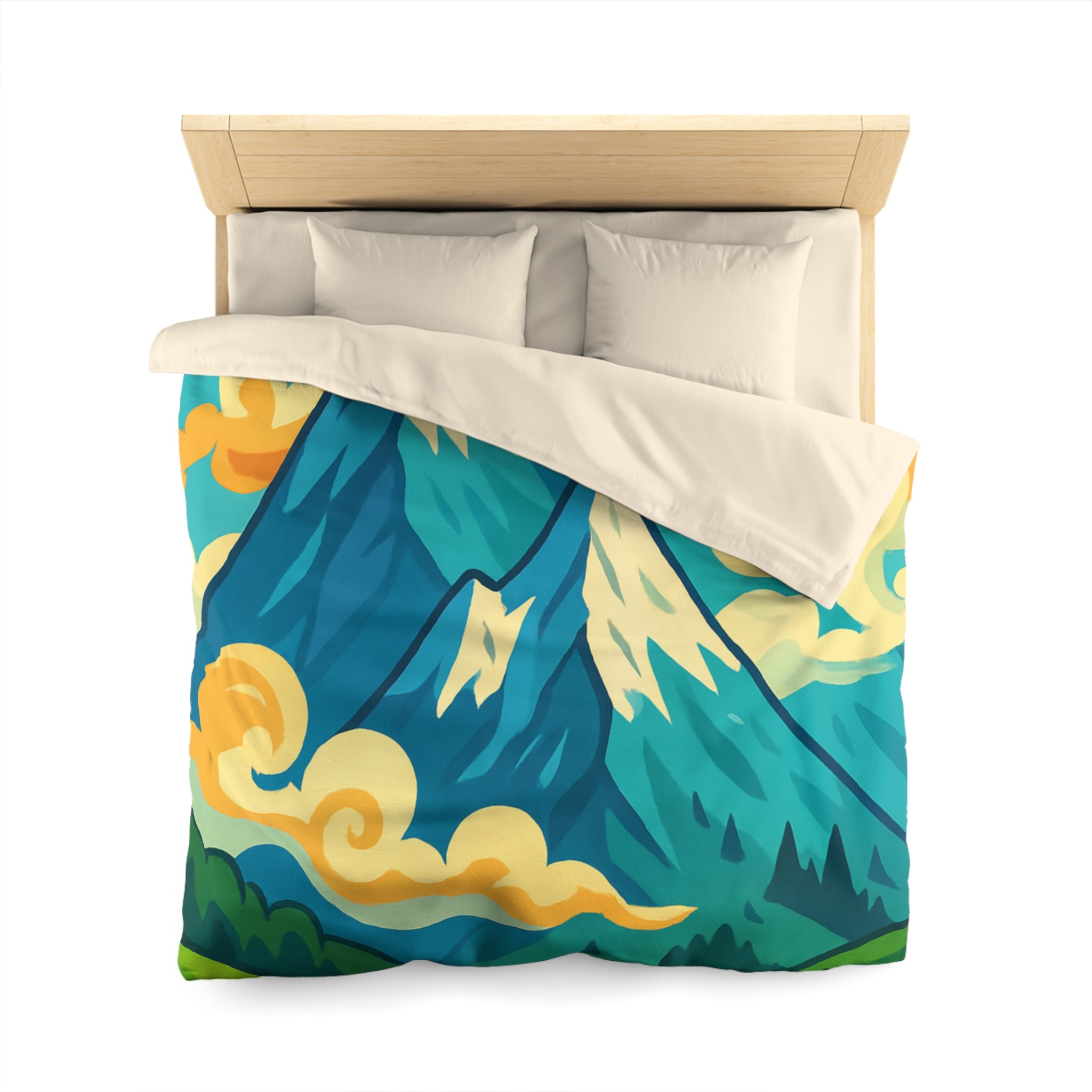 Housse de couette montagne colorée avec aigle et chalets pour chambre moderne