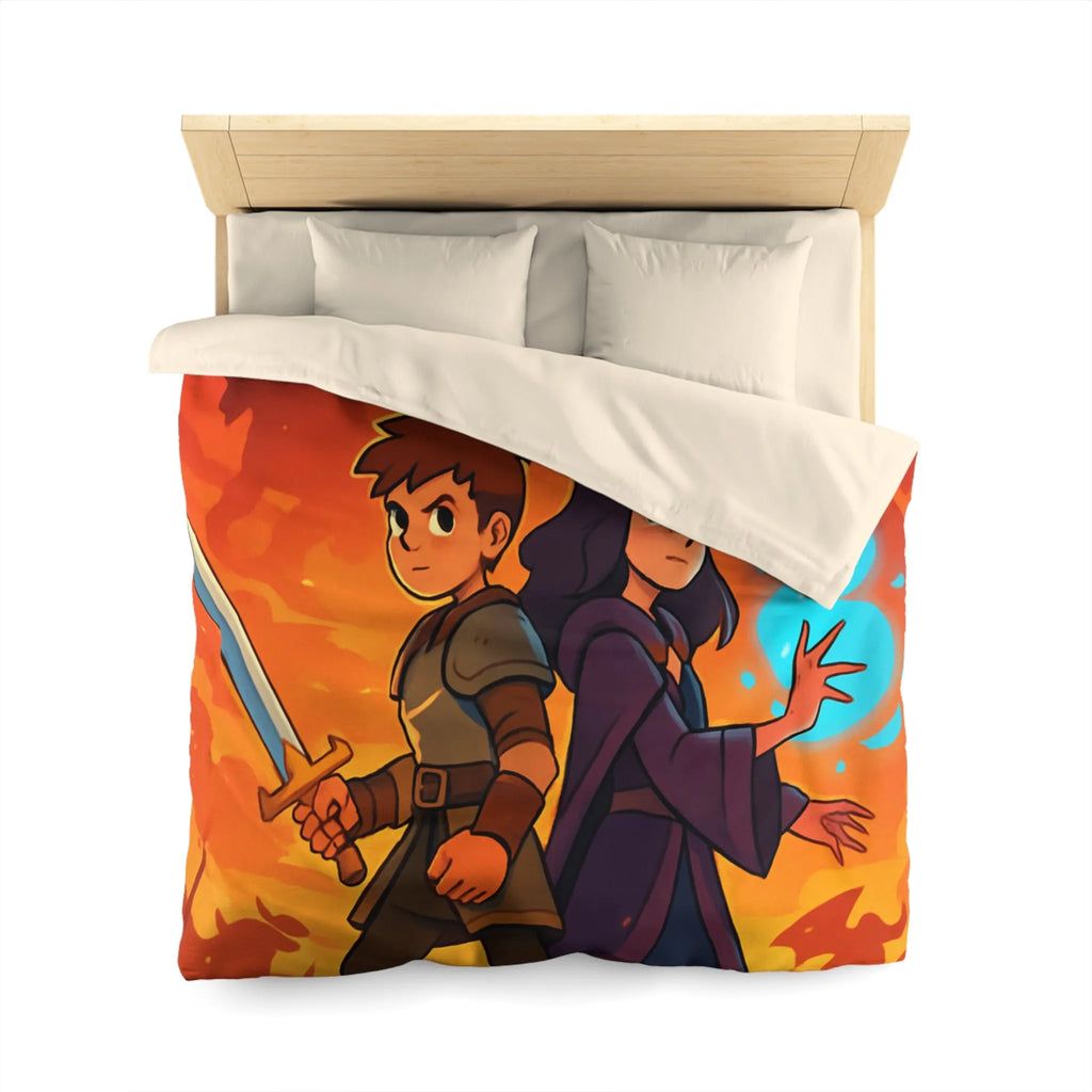 Housse de couette épique, jeunes aventuriers et dragons incandescents en fantaisie captivante