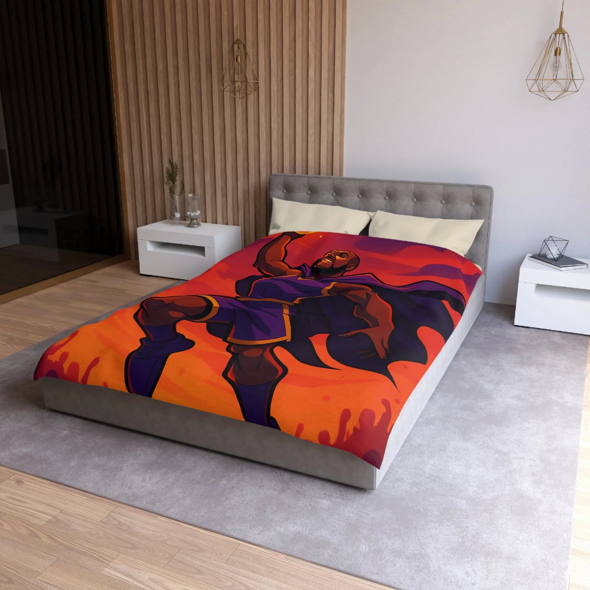 Housse de couette homme volant avec cape et ballon lumineux sur fond orange