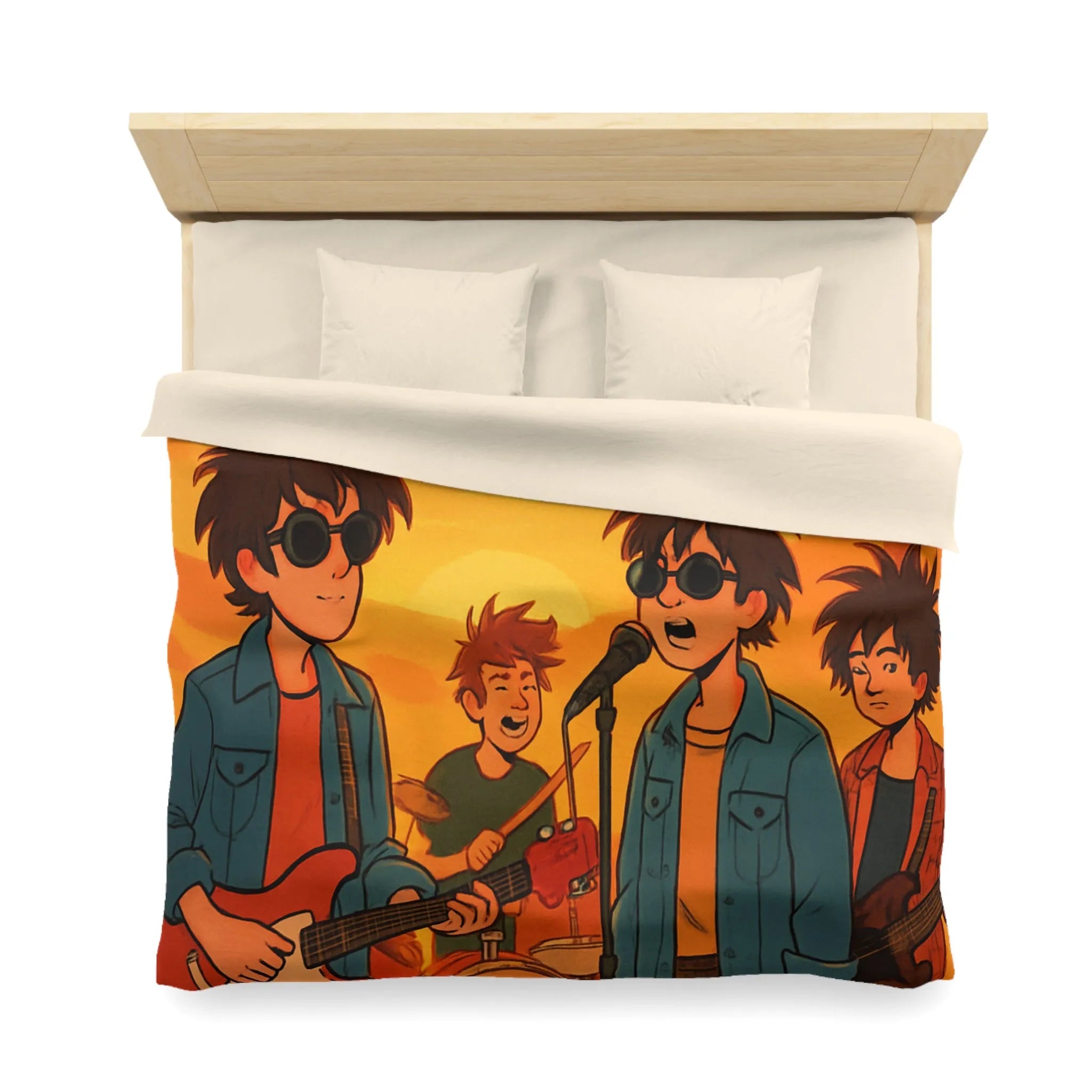 Housse de couette ensoleillée avec musiciens, ambiance rétro pour chambres modernes et vintage