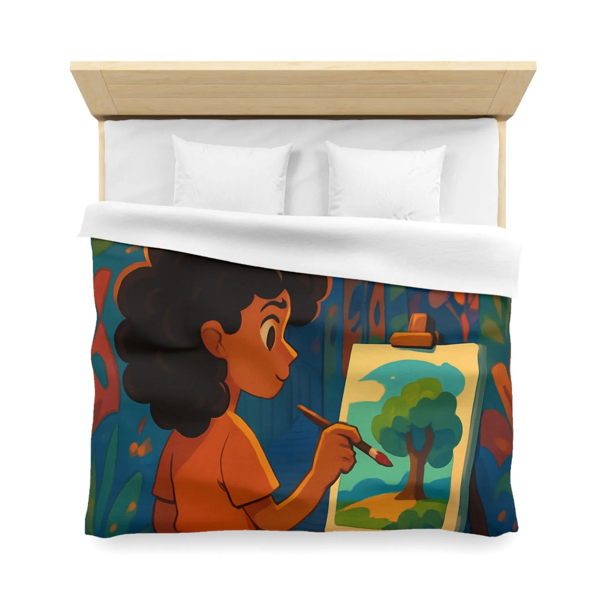 Housse de couette colorée illustrant une ruelle artistique avec peinture et lanterne