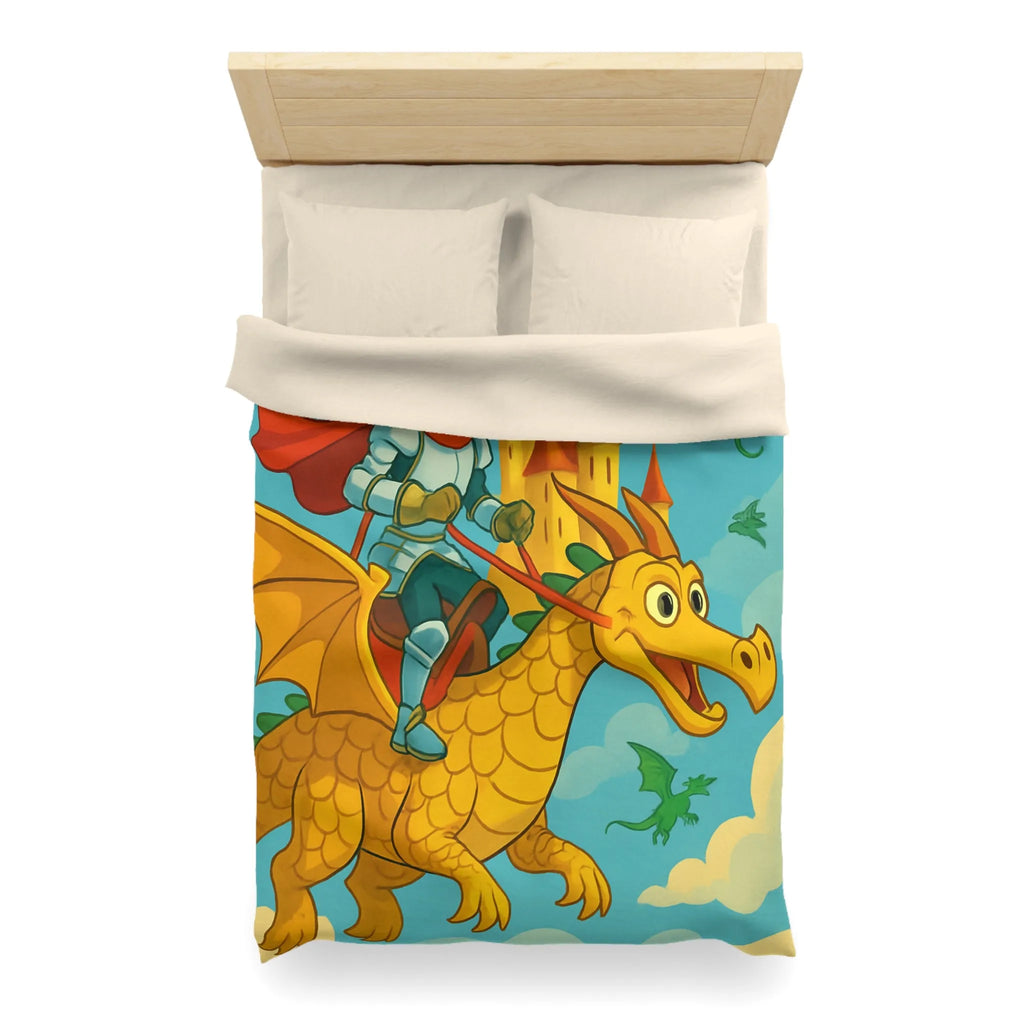 Housse de couette avec chevalier courageux chevauchant un dragon doré au-dessus château fantastique