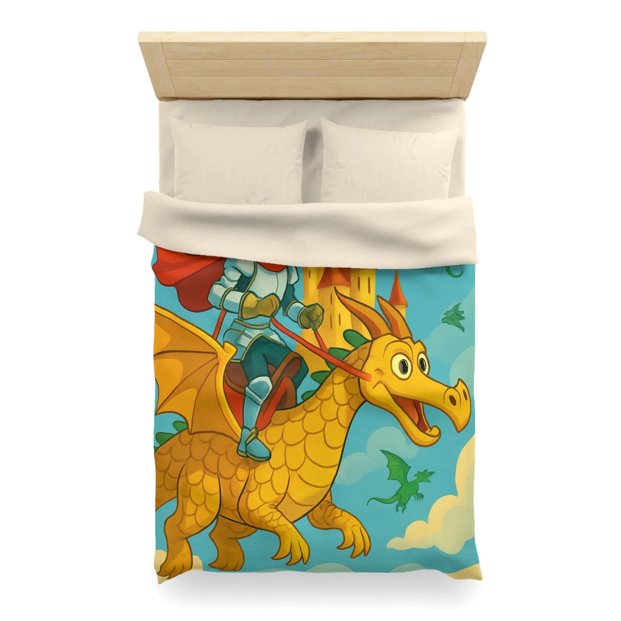 Housse de couette avec chevalier courageux chevauchant un dragon doré au-dessus château fantastique