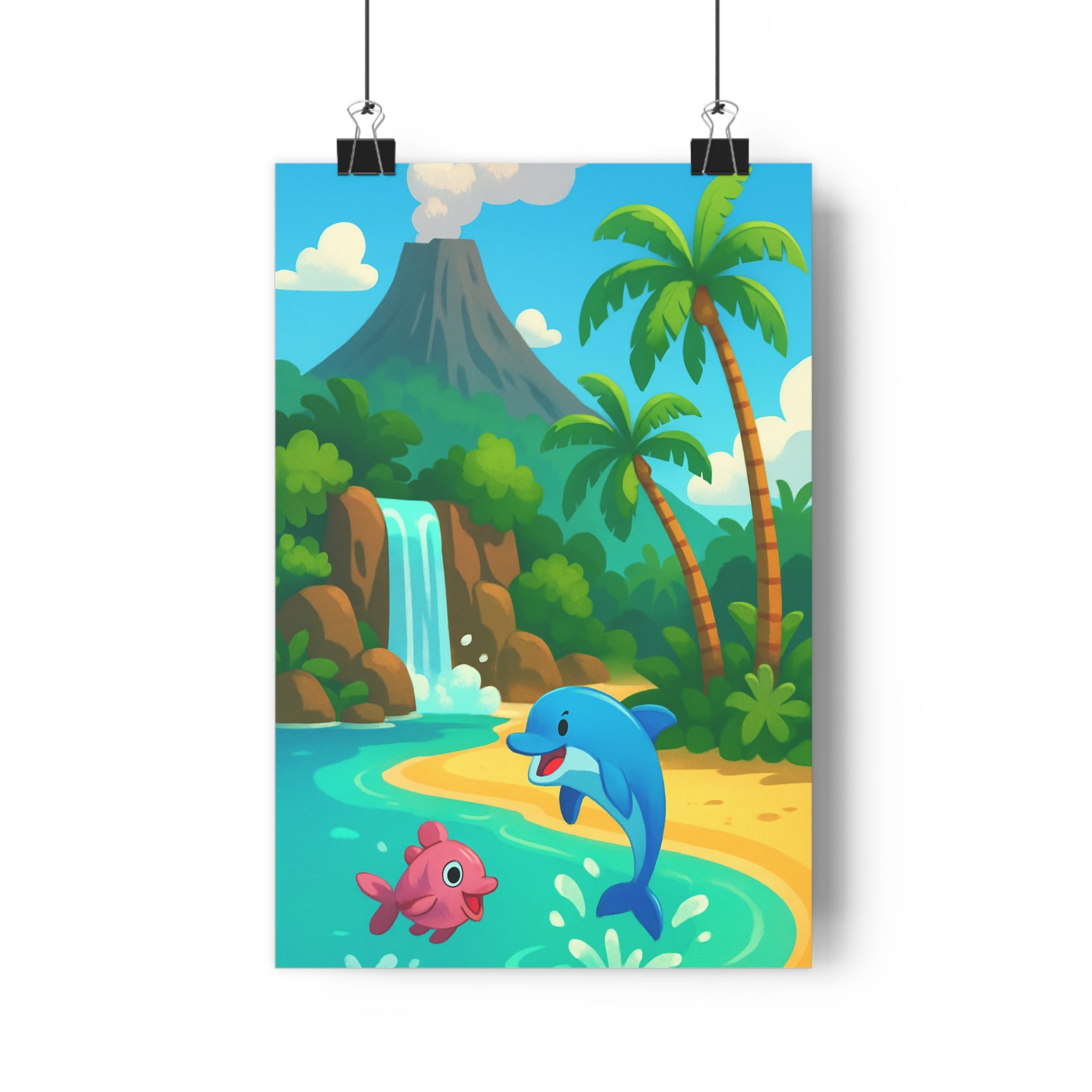 Poster décoratif aventure cartoon exotique turquoise rose joyeux chambre enfant plage cascade tropicale coloré