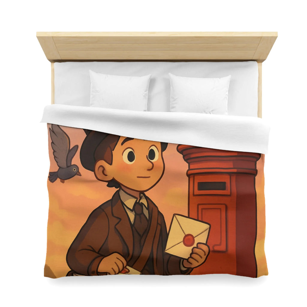 Housse de couette illustrée avec poste vintage et pigeons dans ciel au coucher du soleil