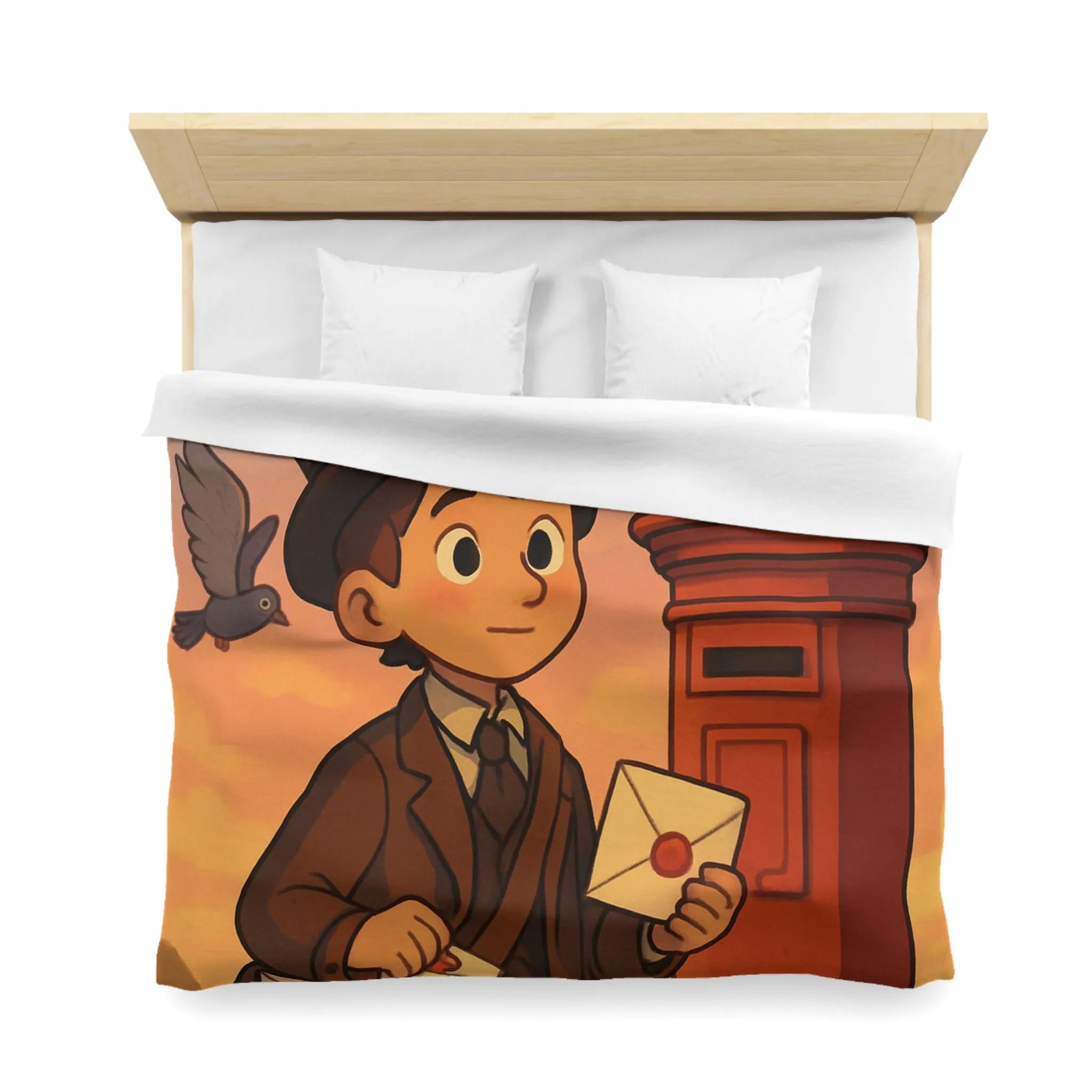 Housse de couette illustrée avec poste vintage et pigeons dans ciel au coucher du soleil