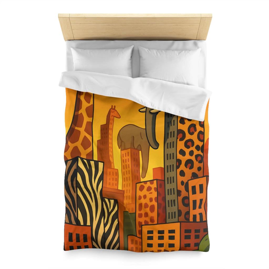 Housse de couette jungle urbaine : gratte-ciel animaux dans tons chauds, motif sauvage