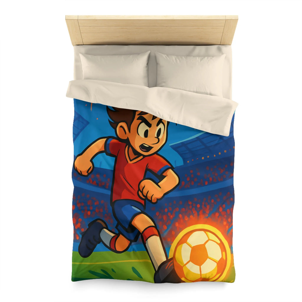 Housse de couette enfant, thème football, joueur dynamique, stade illuminé, feu d'artifice vibrant