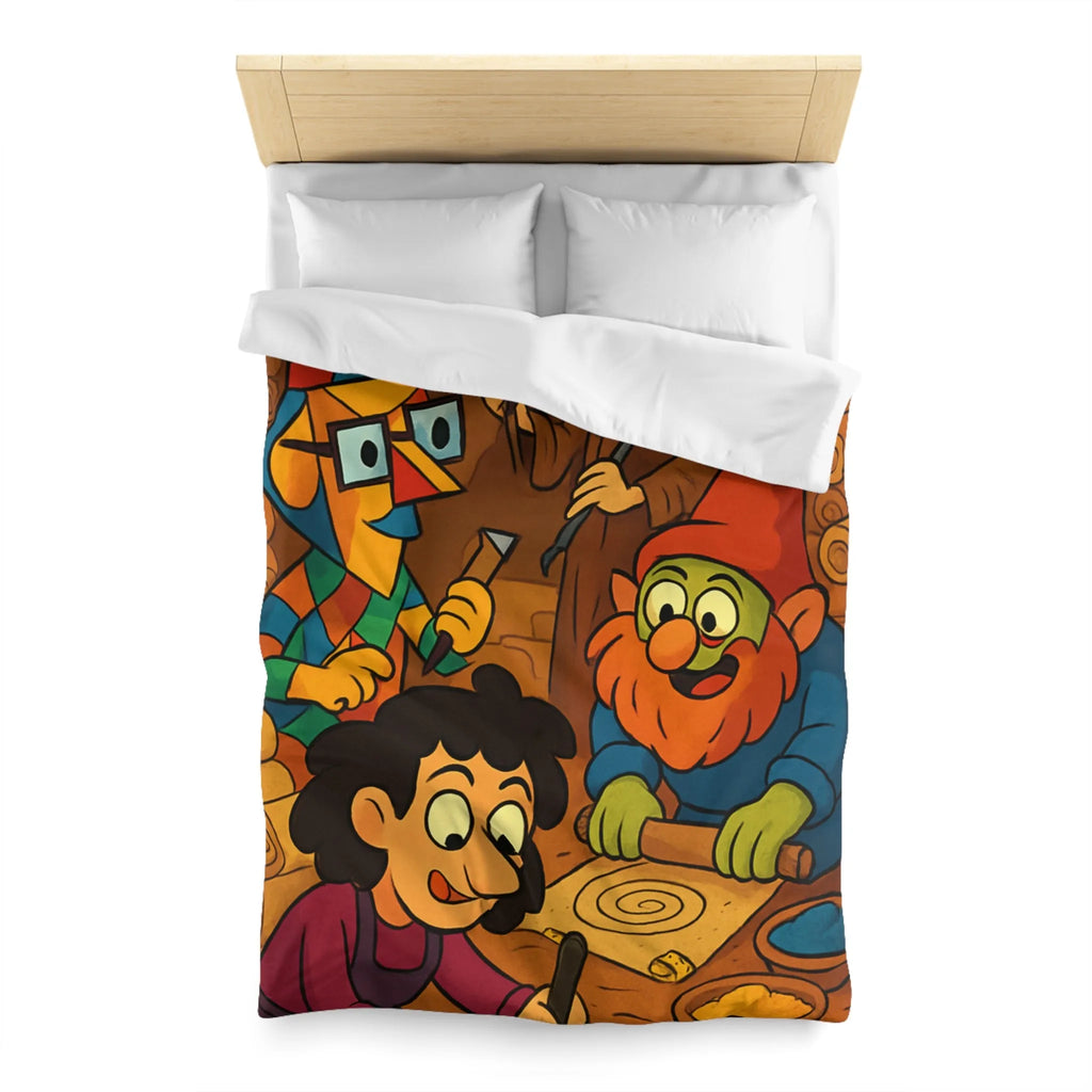Housse de couette illustrée ambiance atelier fantasy avec gnomes et textures chaleureuses colorées