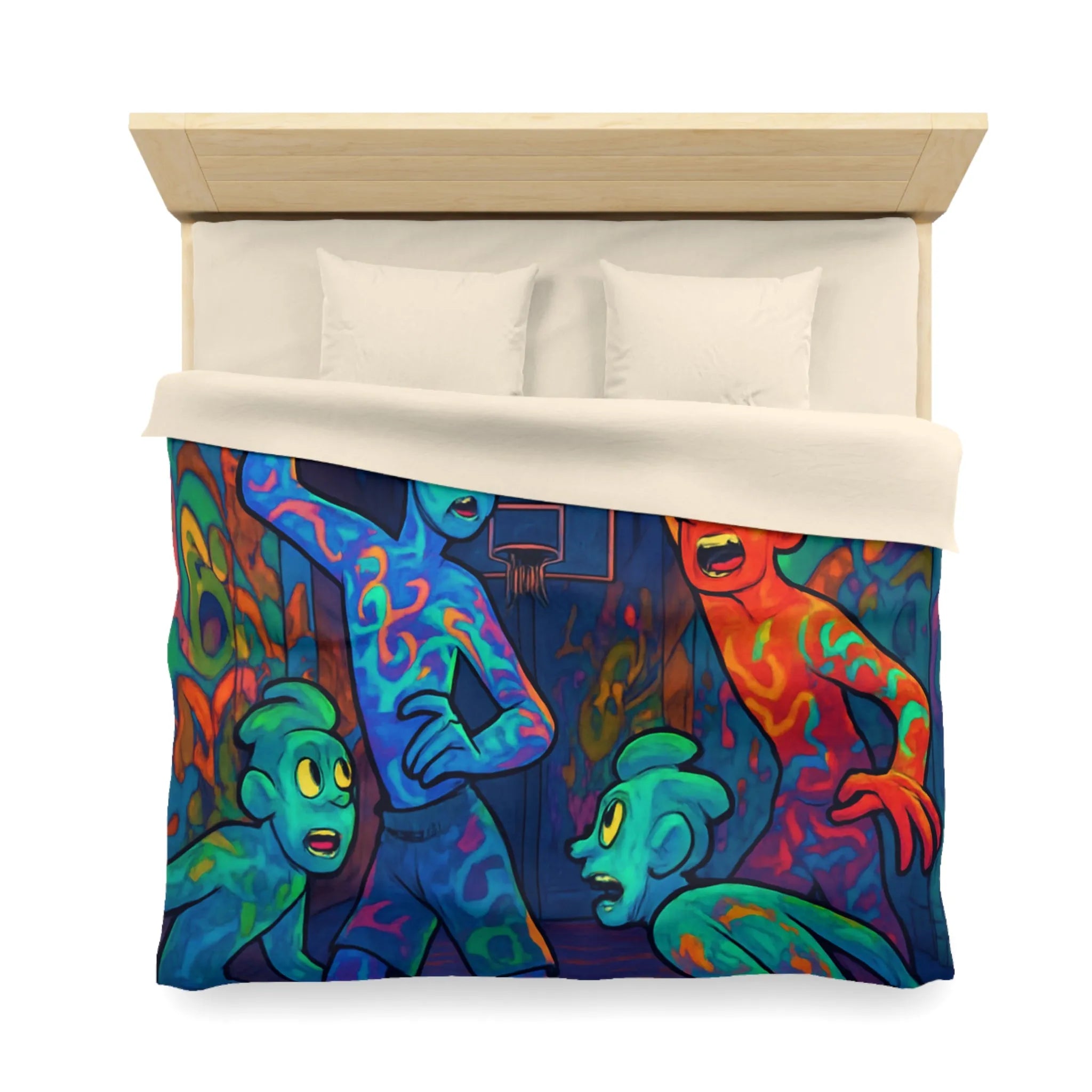 Housse de couette colorée avec personnages abstraits jouant au basket la nuit