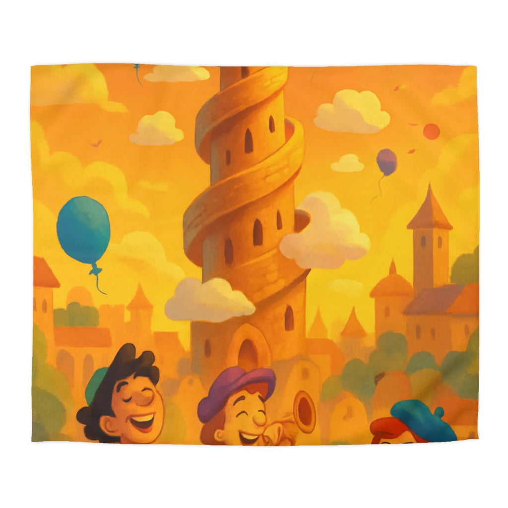 Housse de couette colorée imprimée d'une scène joyeuse avec tours et ballons pastel