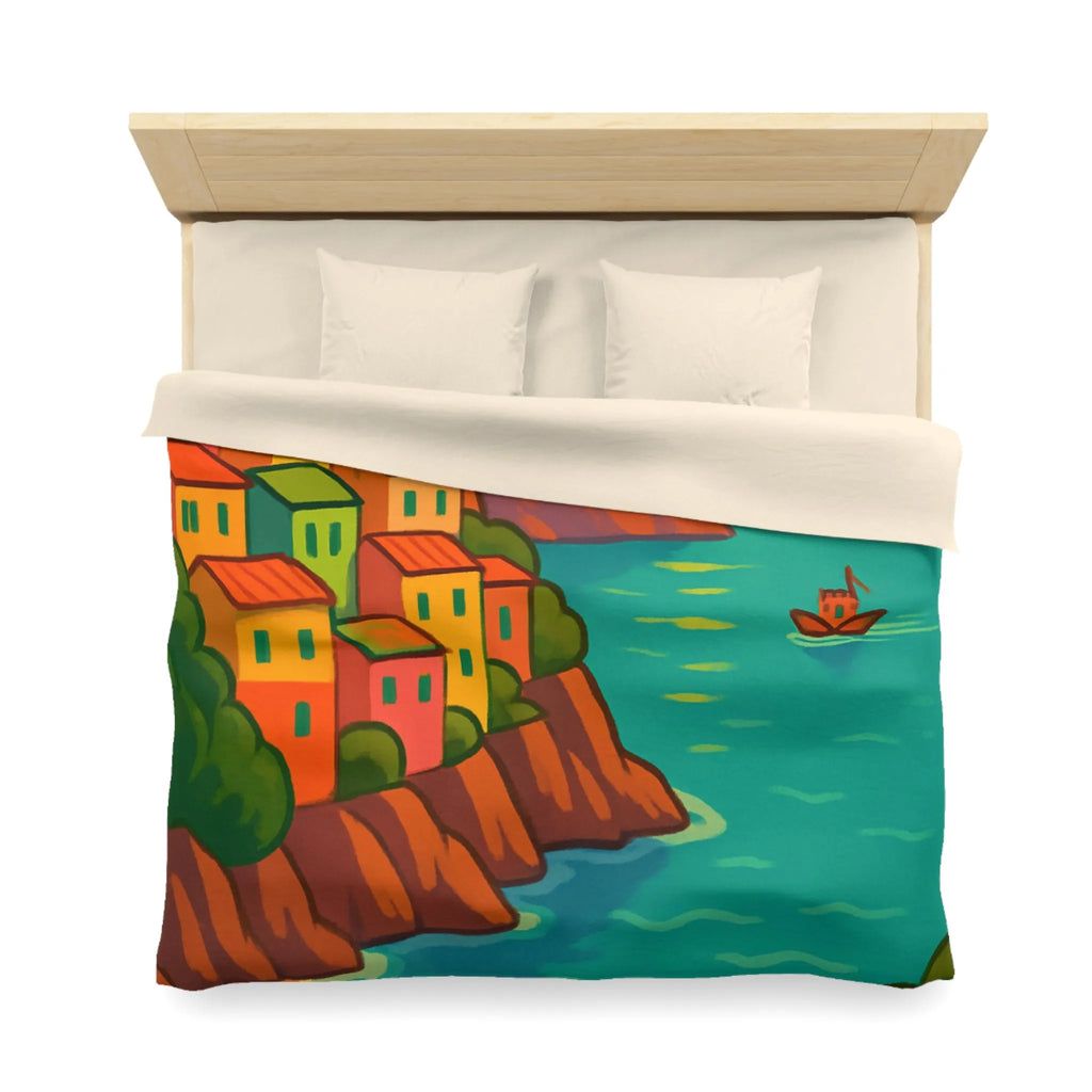 Housse de couette avec paysage côtier éclatant sous coucher de soleil vibrant et artistique