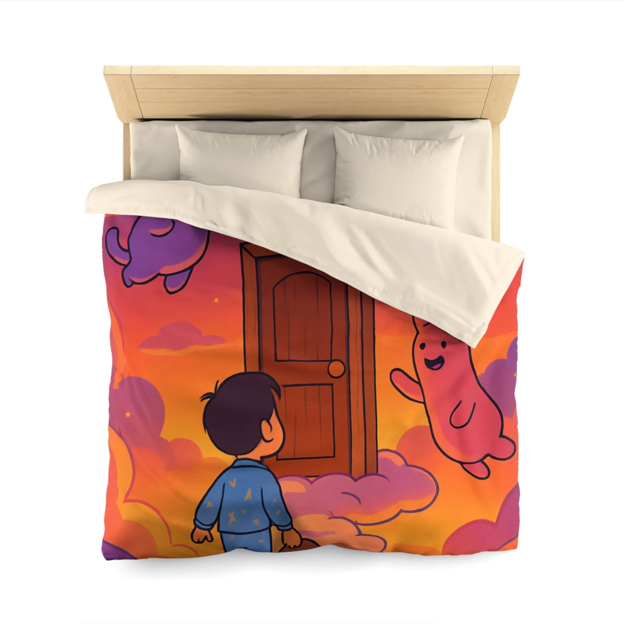 Housse de couette enfants : rêves colorés avec nuages et créatures magiques amusantes