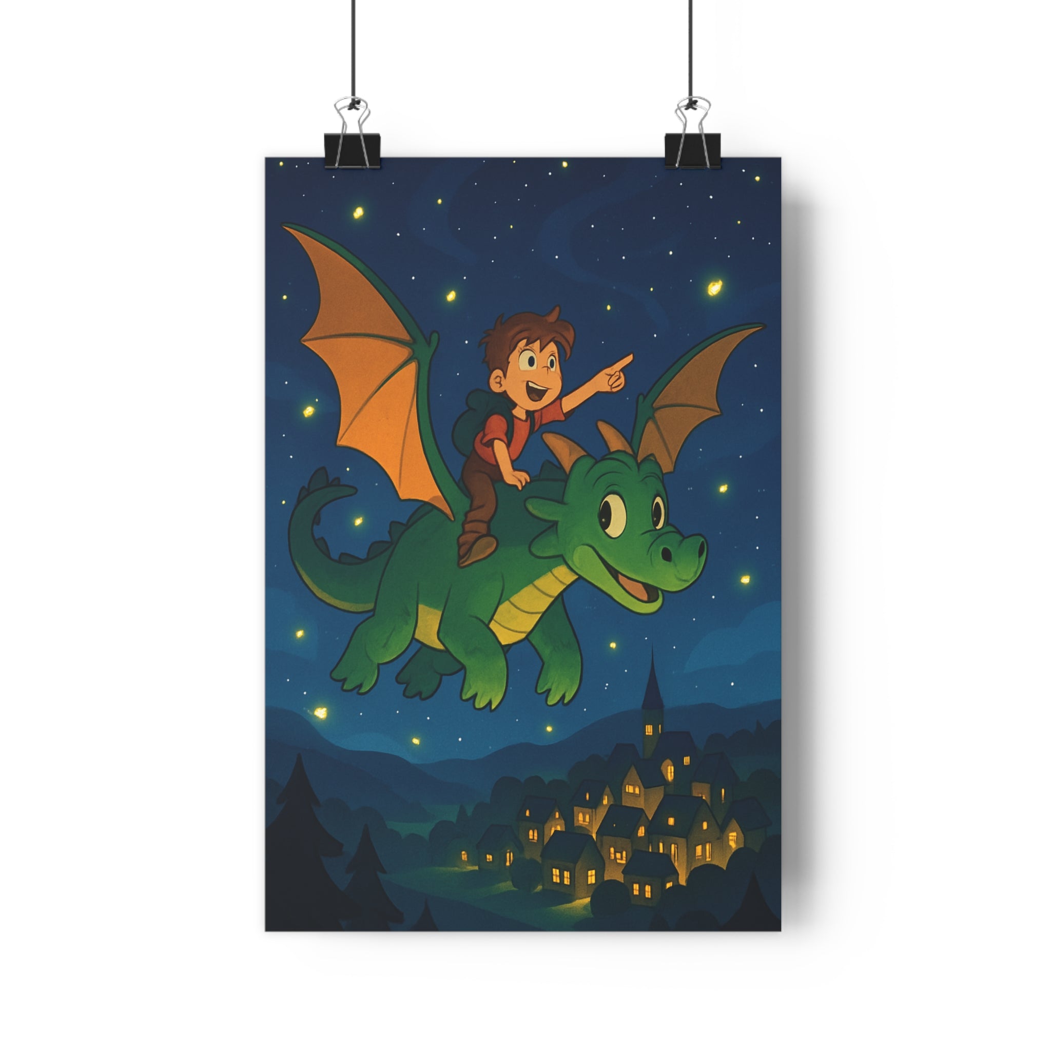 Poster décoratif fantastique dragon vert orange aventure ciel étoilé enfant village animé joyeux mural