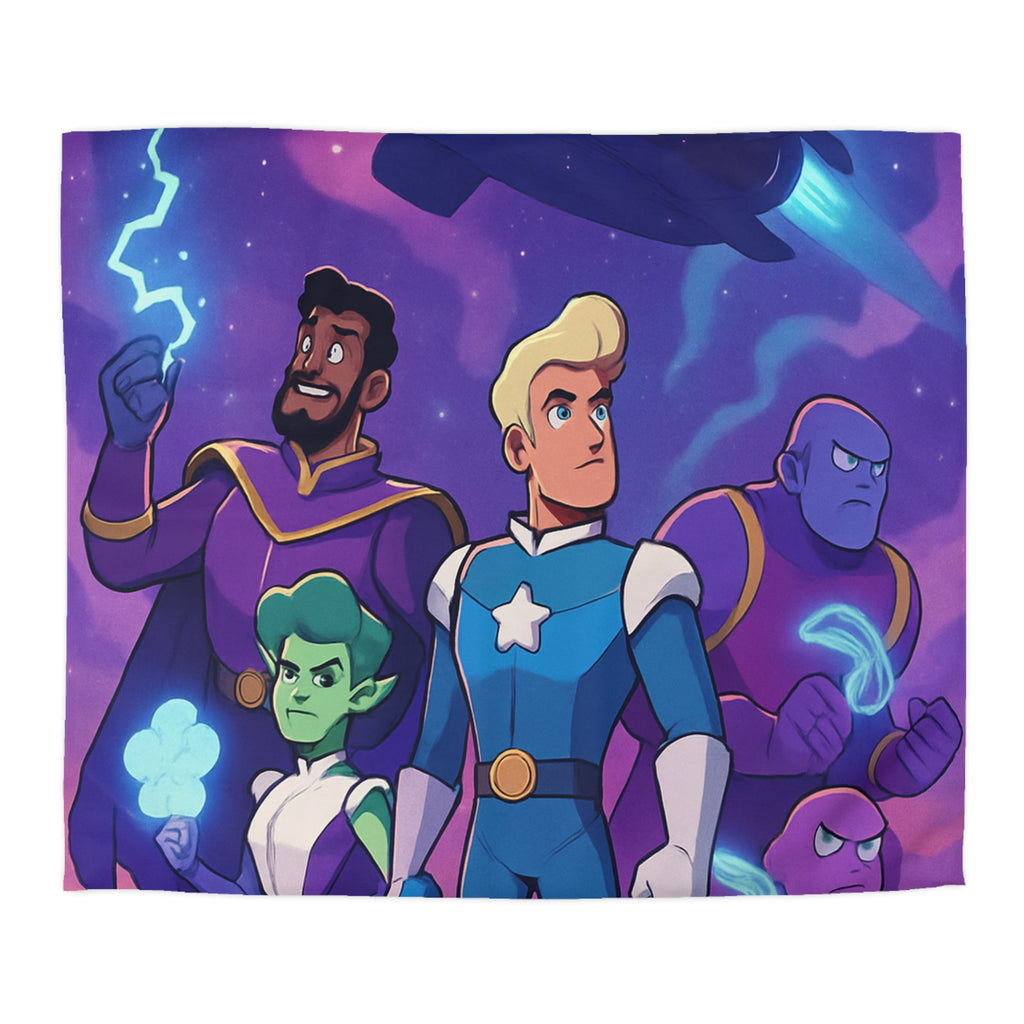 Housse de couette spatiale avec héroïques personnages animés sous vaisseau intergalactique étoilé