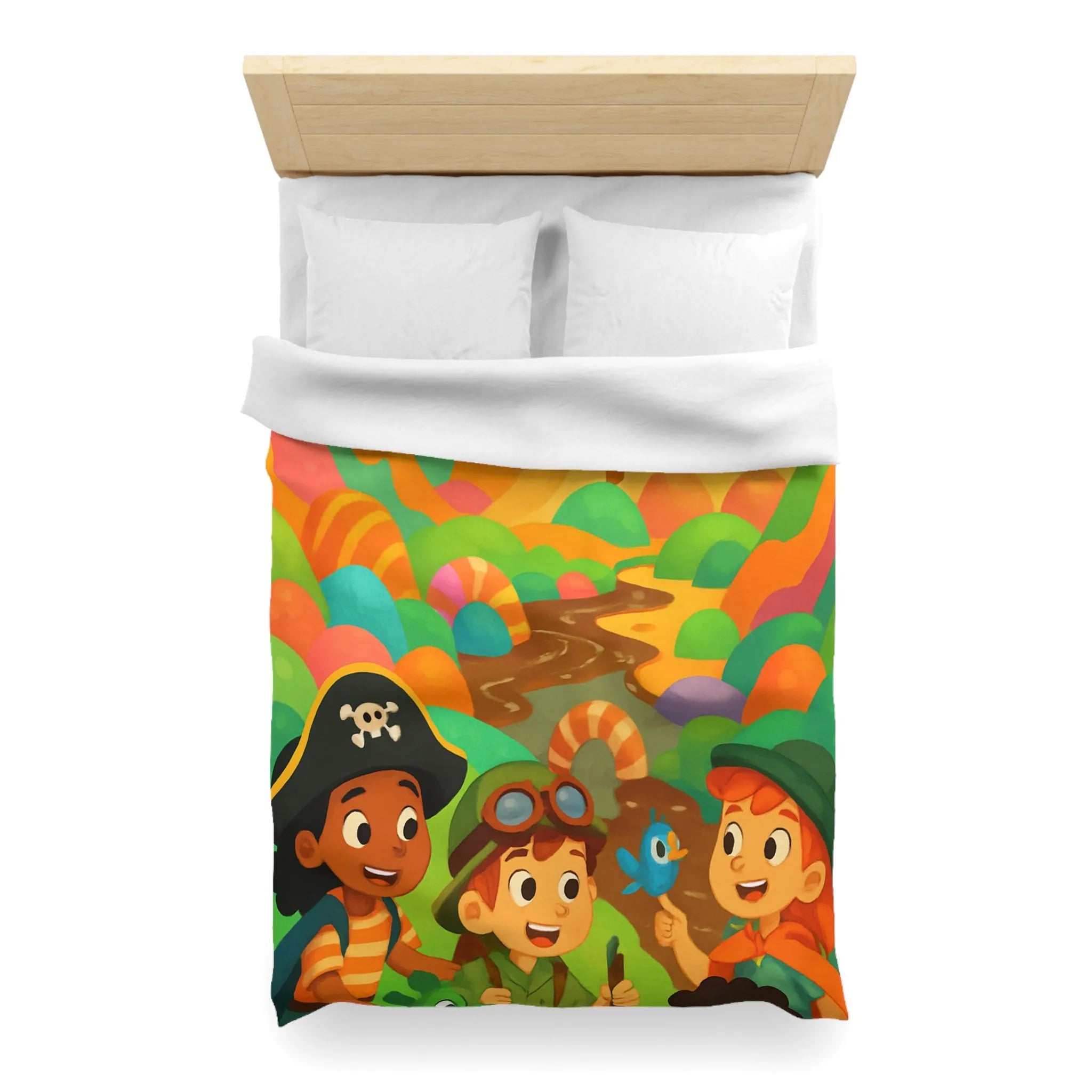 Housse de couette ludique pour enfants avec château et aventuriers aux couleurs vives