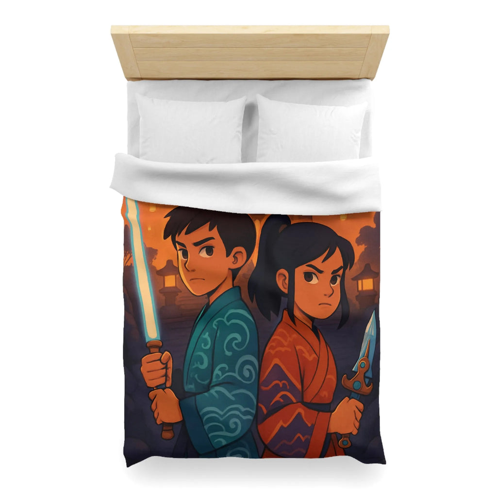 Housse de couette avec enfants guerriers, lanterne céleste, temple ancien, ambiance mystique